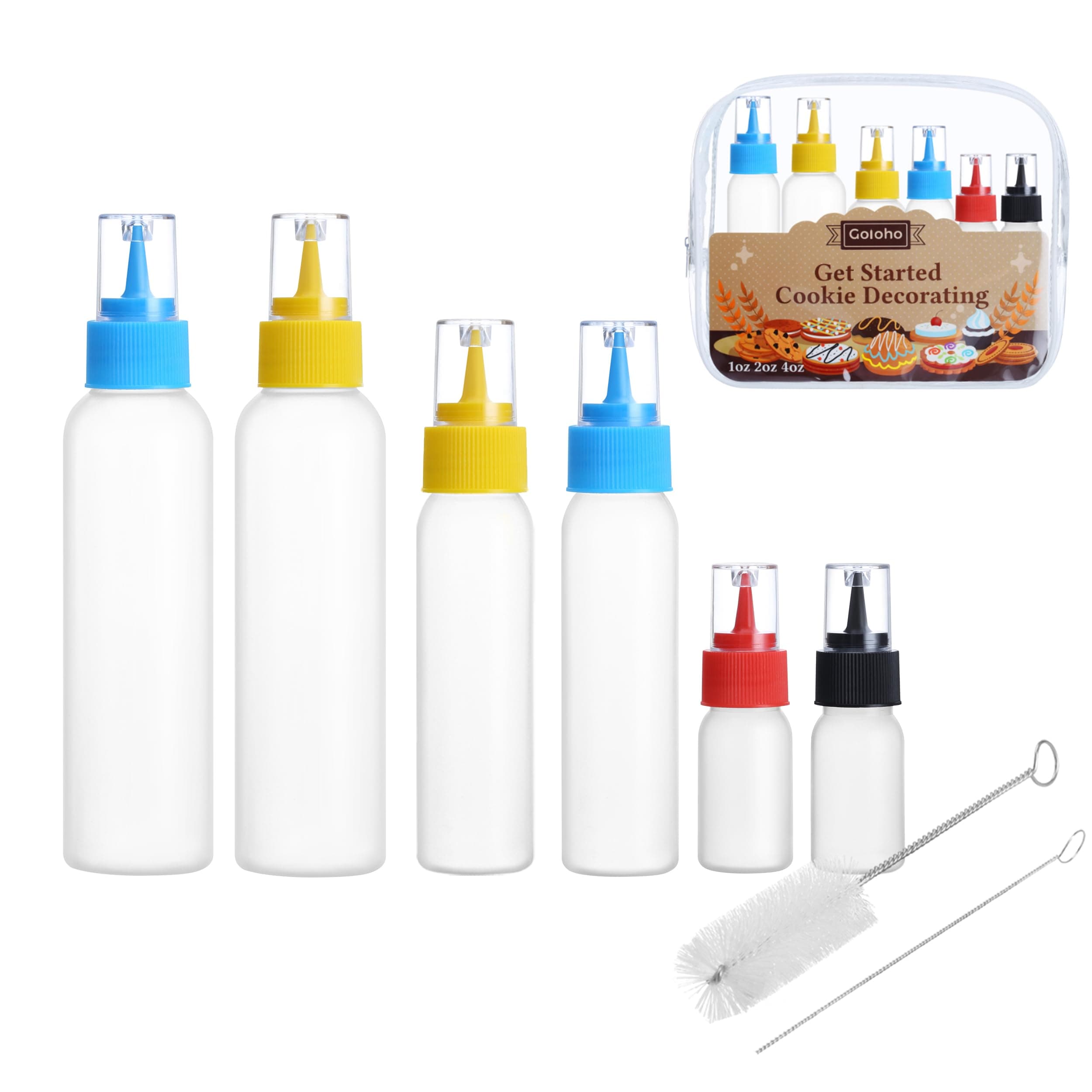GOLOHO Cookie Icing Bottles, 6 Squeeze Applicator Bottles, 2 each (1, 2 and 4 ounces), Royal Icing Tools, Cake Sugar Cookie Decorating Supplies, Food Coloring, Frosting, Pancake Arts and Crafts Kit