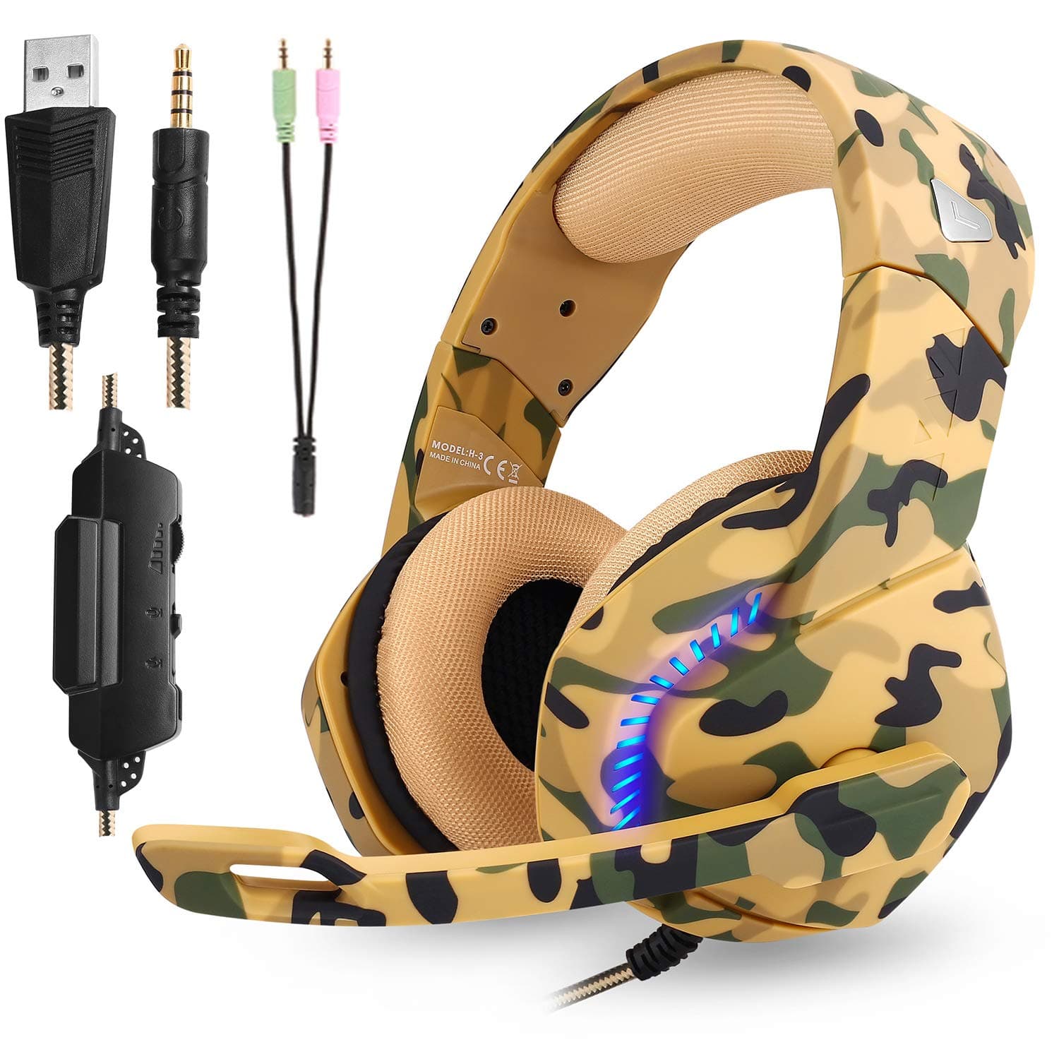 Gaming Headset with 3.5mm Plug for Xbox One,PS4,Nintendo Switch,Gaming Headphone with LED Light,MIC,Volume Control for PC with 218mm Cable, Audio Splitter,Noise Reduction,Camouflage Color