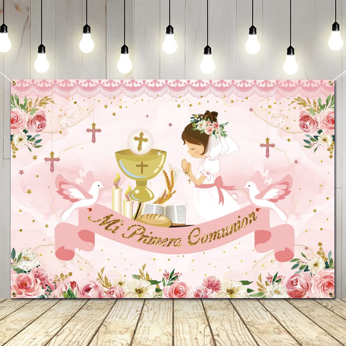 First Communion Decorations First Communion Backdrop Baptism God Bless Banner Pink Floral Mi Primeria Communion Photo Backdrop for Girls Christening Baby Shower Confirmation Decorations