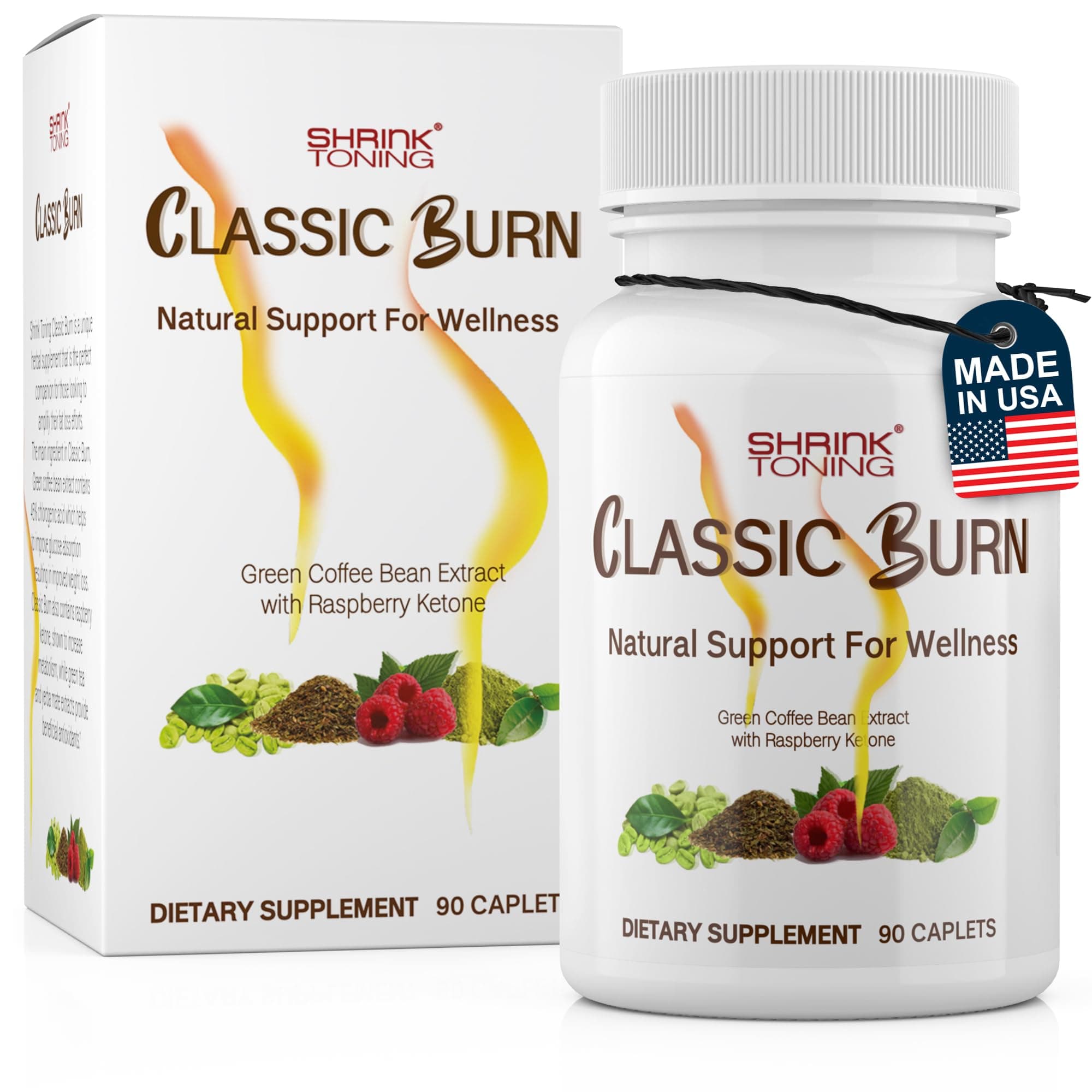 Classic Burn - Pure Green Coffee Bean Extract and Raspberry Ketones with 45% Chlorogenic Acid - 90 Capsules Organic Raspberry Leaf and Green Tea Extract for Maximum Body Management Support