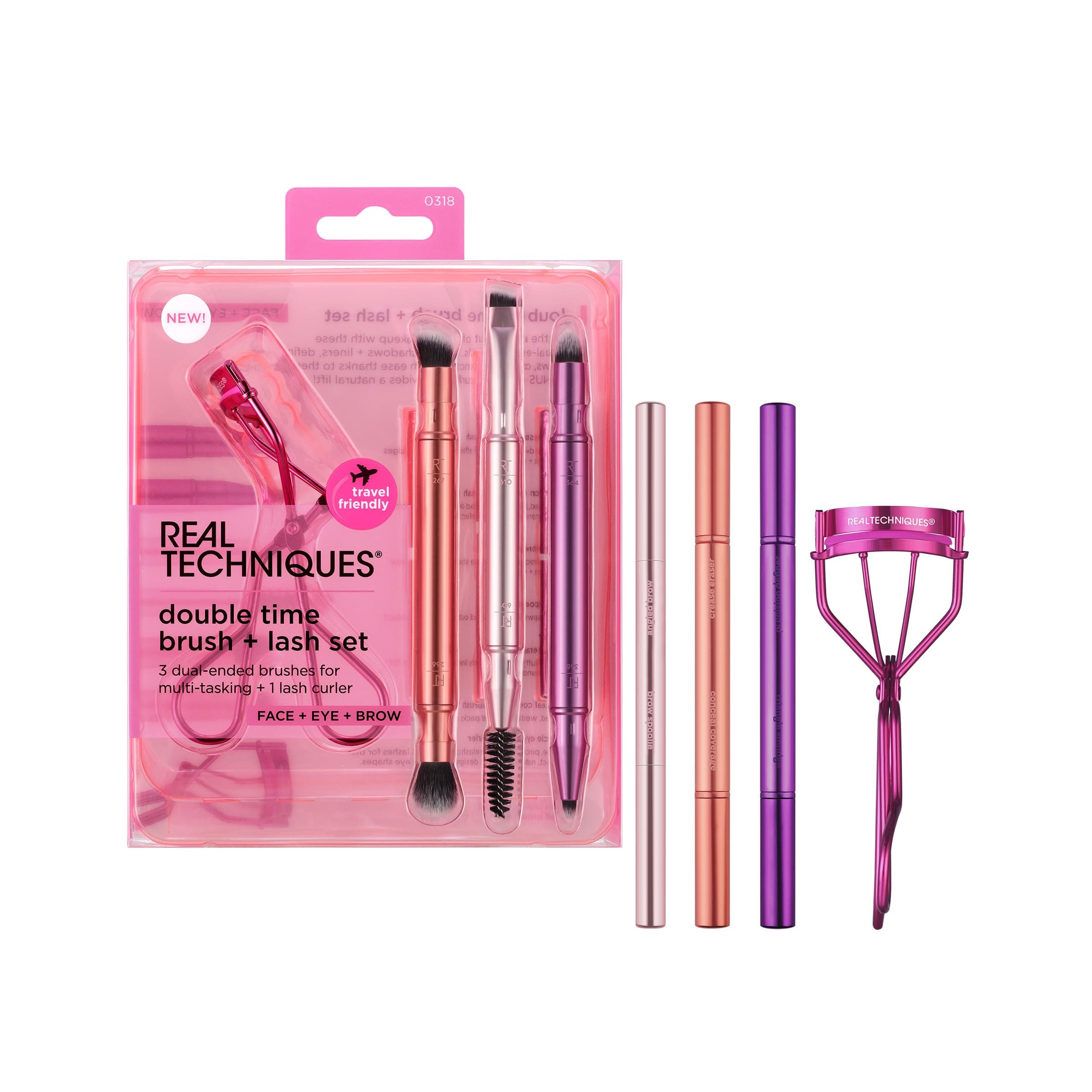 Real Techniques Double Time Brush + Lash 4 Piece Set, Dual-Ended Eye Makeup Brushes For Eyeshadow & Brows, Travel-Friendly Brush Caps For Storage, Eyelash Curler Included, Cruelty-Free