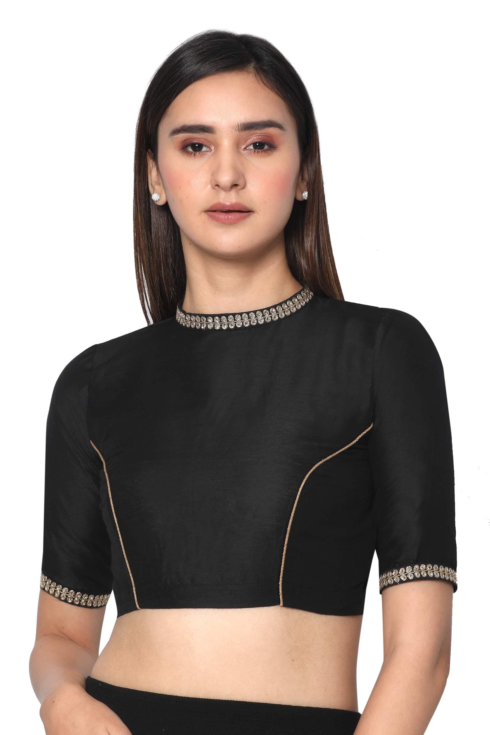 RENE Women's Silk Solid Half Sleeve Blouse (D-1005170-BLACK-42_Black_42)