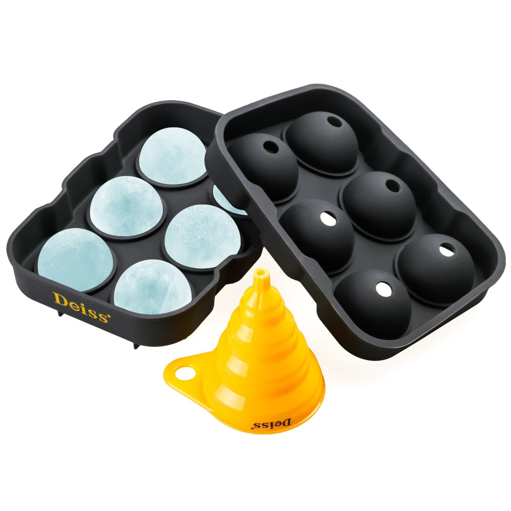 Deiss® Art Ice Ball Maker Mold & Collapsible Funnel — 6 Perfect 4.6 cm Ice Spheres in Flexible Silicone Tray — Foldable Funnel for Liquid Transfer — Dishwasher Safe