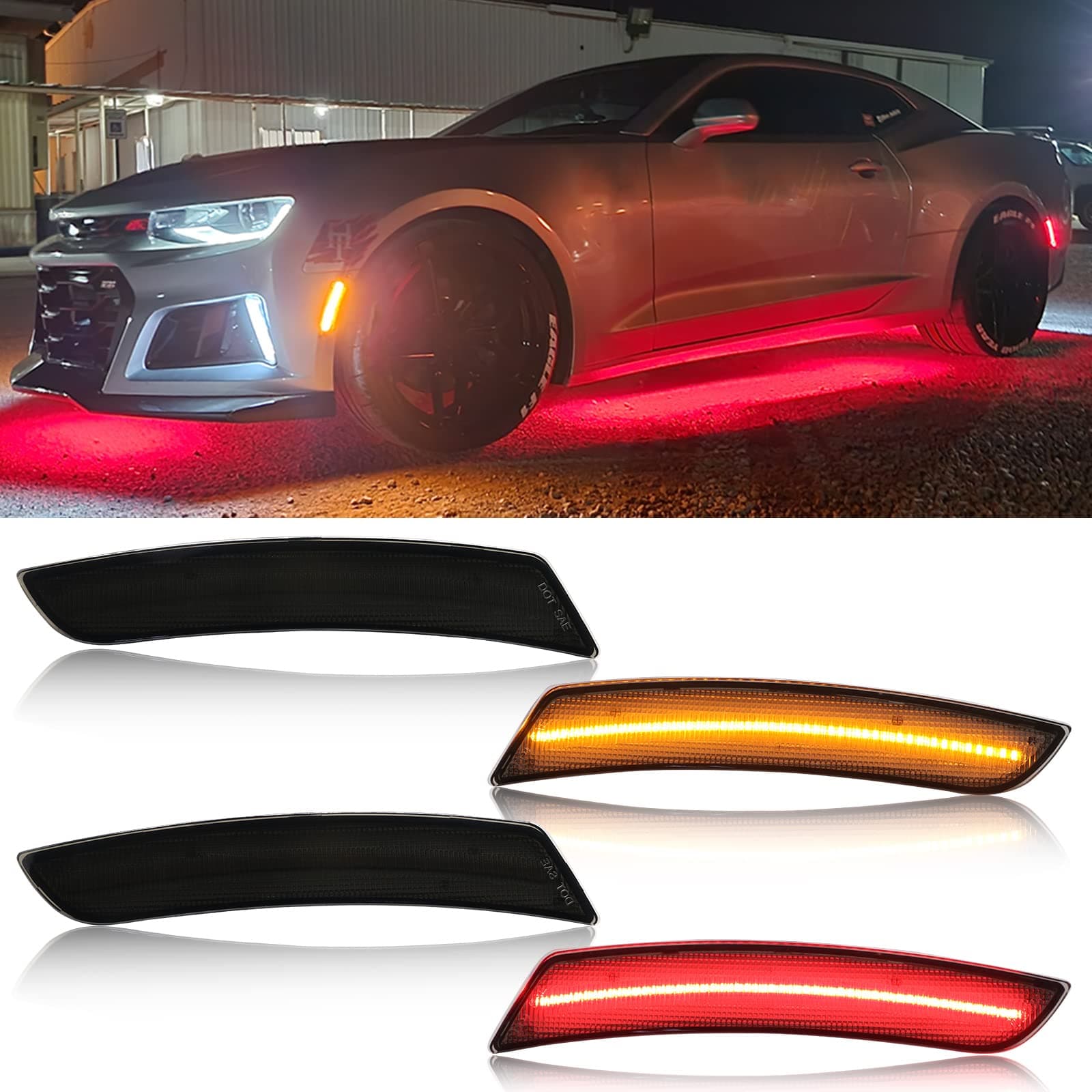LED Side Marker Lights Kits Compatible with 2016-2022 Camaro, Smoked Lens Front Amber&Rear Red Bumper Side Marker Lamp Turn Signal Light Assembly Replacement,Driver & Passenger Side,Pack of 4