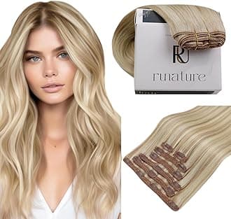 RUNATURE Blonde Human Hair Clip in Extensions, Short Clip in Hair Extensions Real Human Hair, Clip on Hair Extensions For Women, Remy Hair Tangle Free, 10 Inch 80g 7pcs #18P60 Ash Blonde Highlights