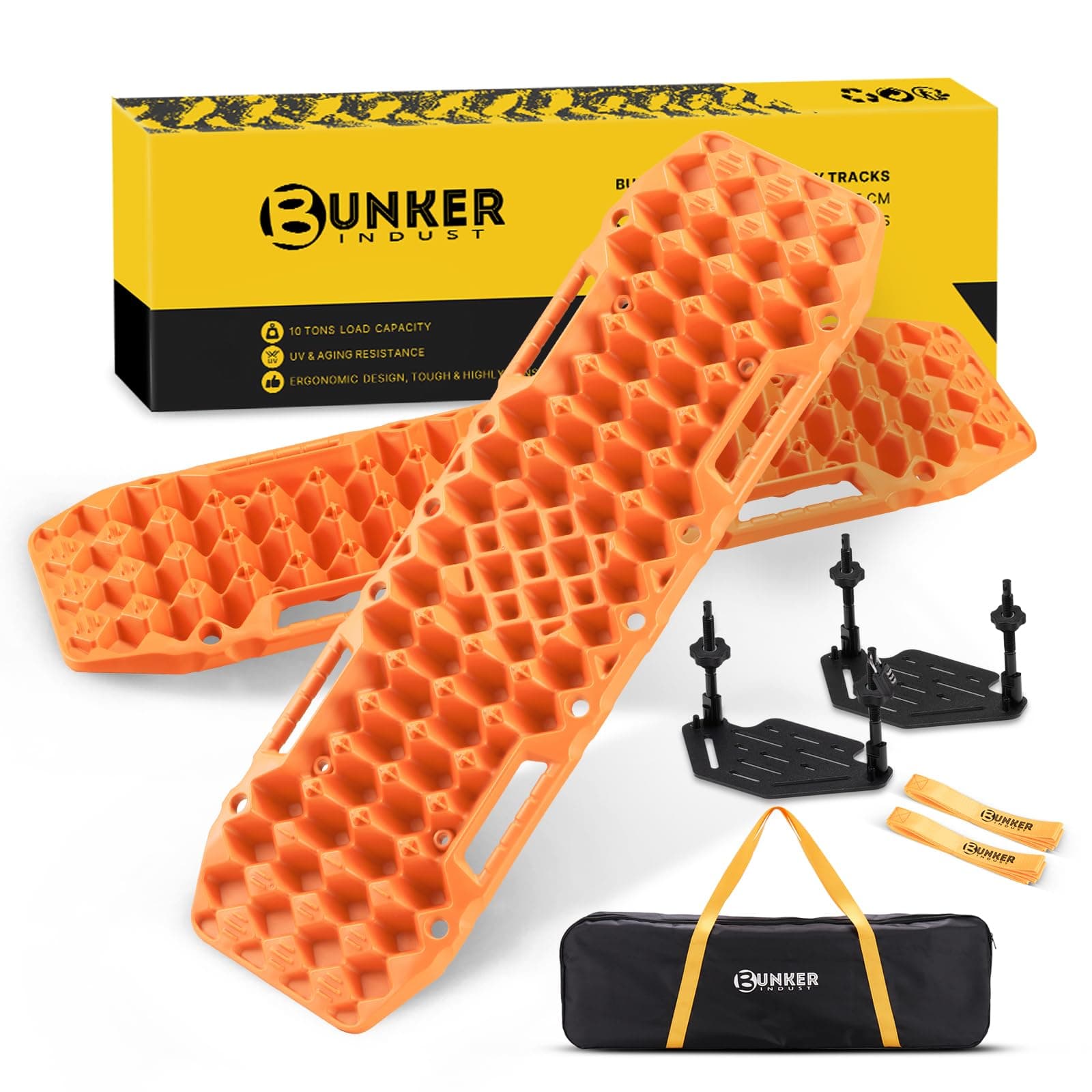 BUNKER INDUST Gen 7th Traction Boards with Mounting Kit, Pair Offroad Recovery Tracks with Jack Base for 4X4 Jeep Truck Tire Traction-Sand,Mud, Snow Ramps (Orange)