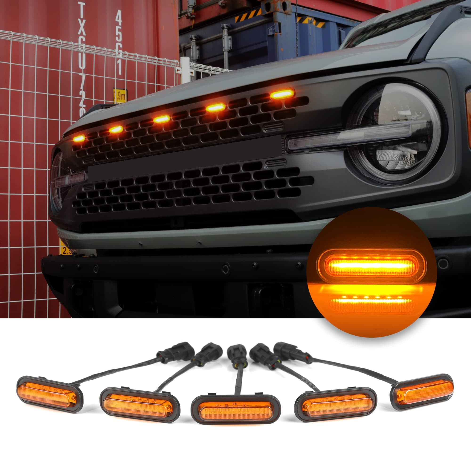 5 Pcs Front LED Grill Lights for Ford Bronco Accessories 2021 2022 2023 2024 2/4 Door Badlands Wildtrak Everglades & First Edition with Fuse & Wiring Harness (Amber Light with Amber Shell)