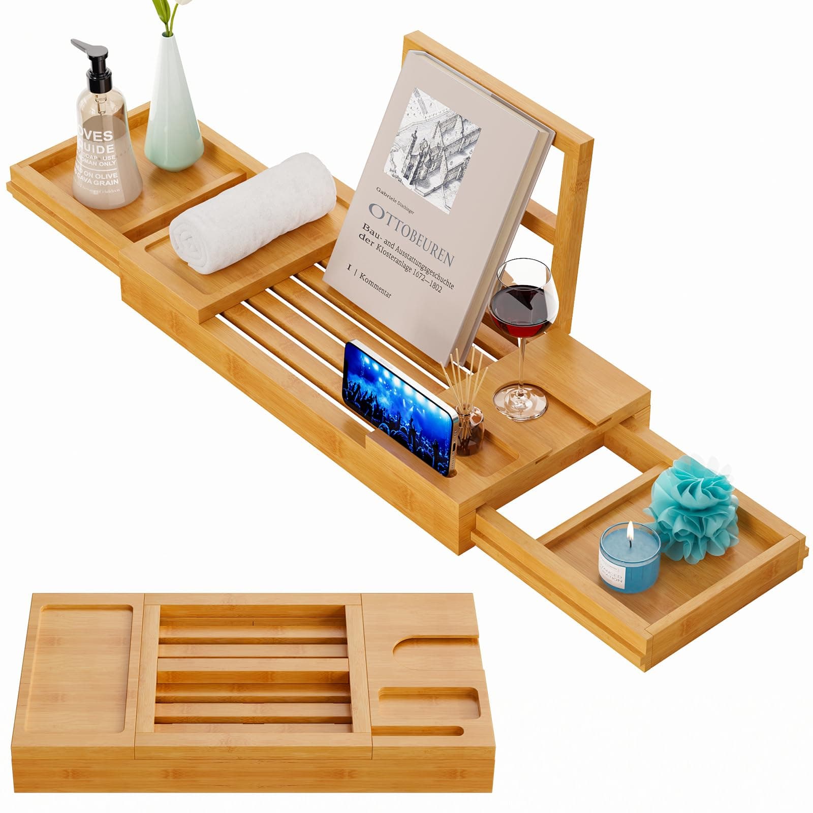 Bathtub Tray Caddy, Expandable Bath Tray-Bamboo