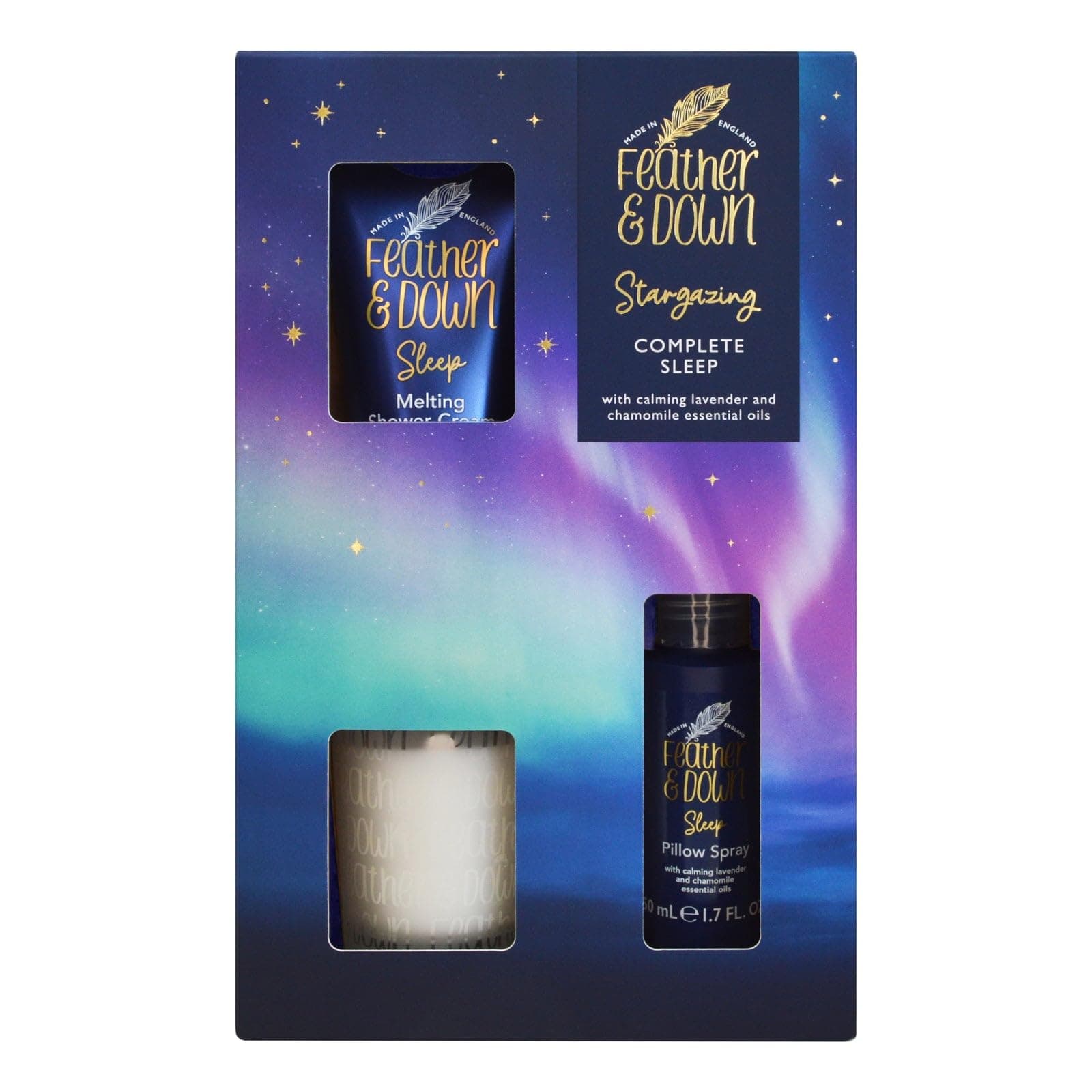 Feather & Down Complete Sleep Gift Set - Melting Shower Cream, Calming Candle & Pillow Spray - Lavender & Chamomile Essential Oils - Natural Sleep Aid for Adults - Vegan, Cruelty-Free
