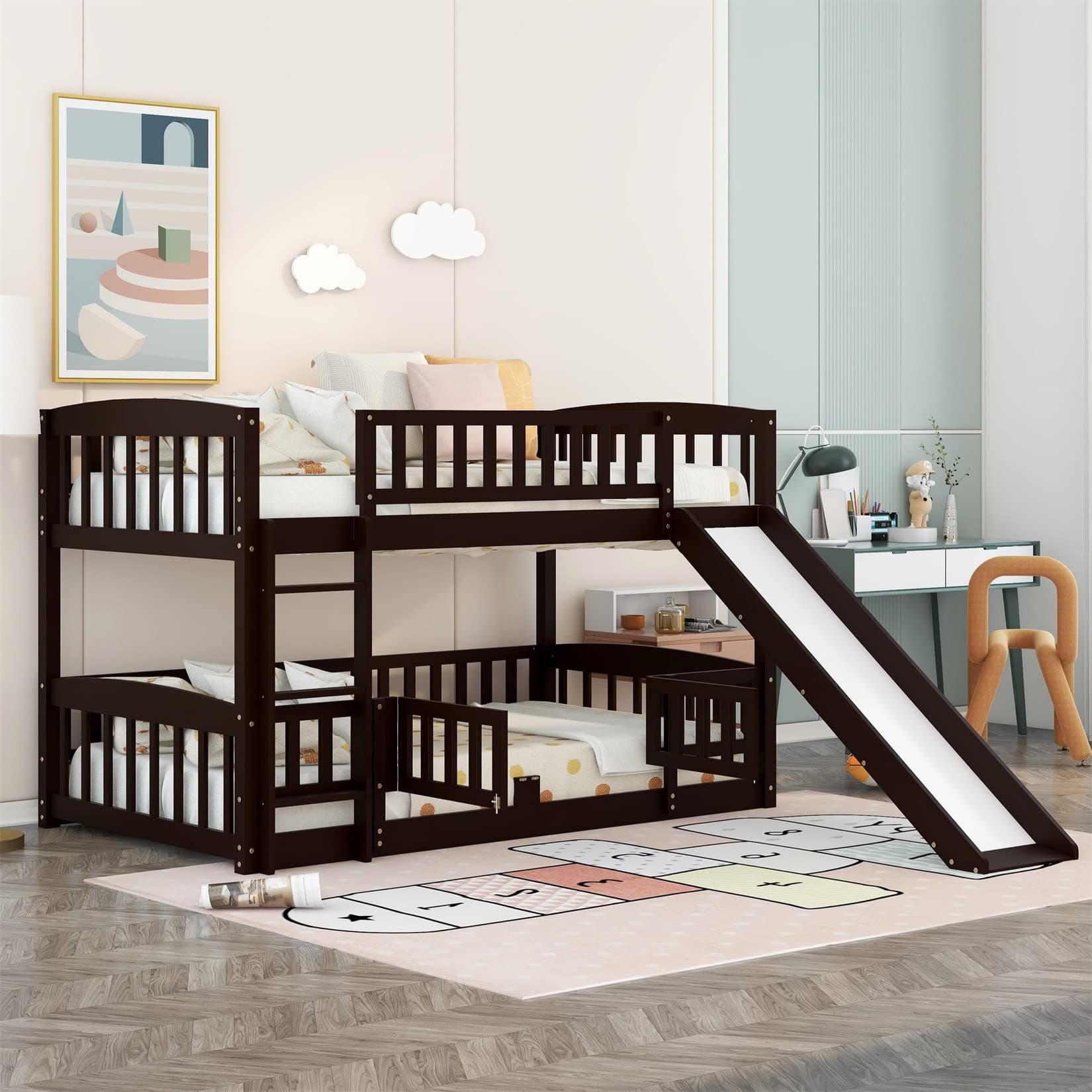 Bellemave Twin Over Twin Low Bunk Bed with Slide and Fence Railings Wood Floor Bunk Beds with Ladder for Kids Boys Girls Teens, Espresso
