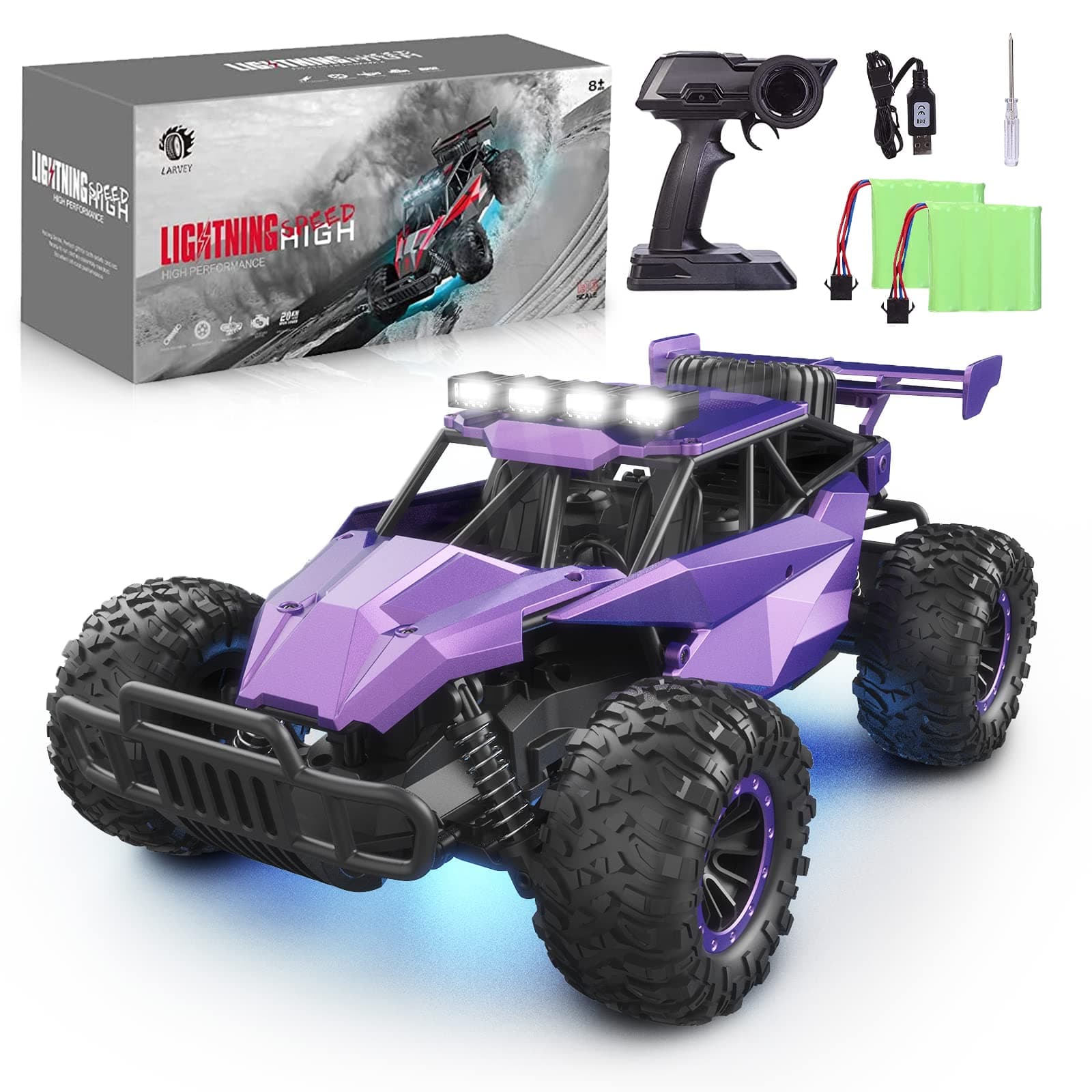 1:16 Scale Purple Remote Control Car, 20 Km/h High Speed Girls Remote Control Car Monster Vehicle with LED Headlights and Chassis Lights, RC Truck for Girls Boys and Adults