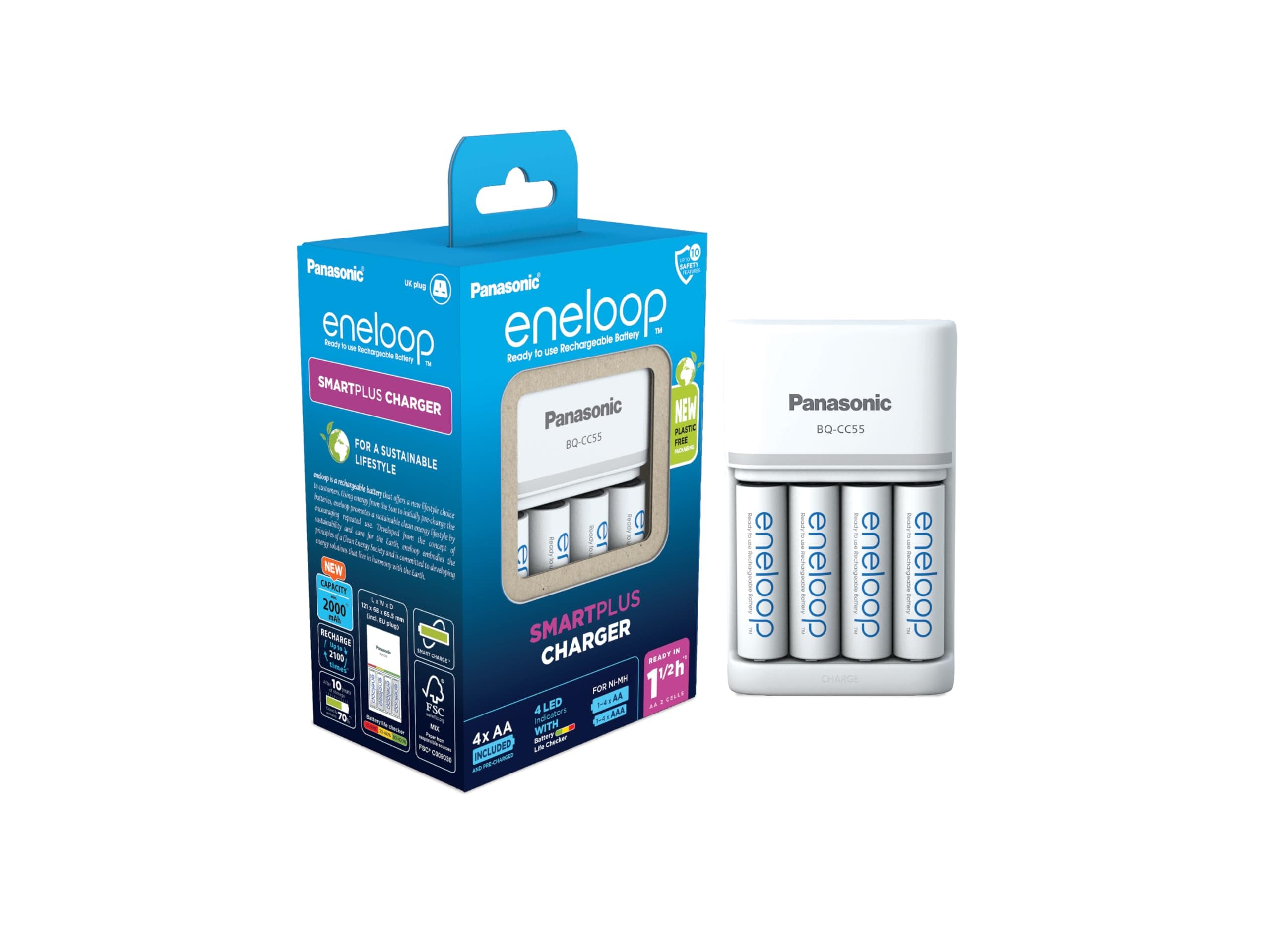 Eneloop Panasonic SmartPlus charger | for 1-4 AA/AAA Ni-MH batteries, with 4 LED indicators & 10 safety features including 4 AA/Mignon batteries, improved capacity of min. 2000 mAh (UK plug)
