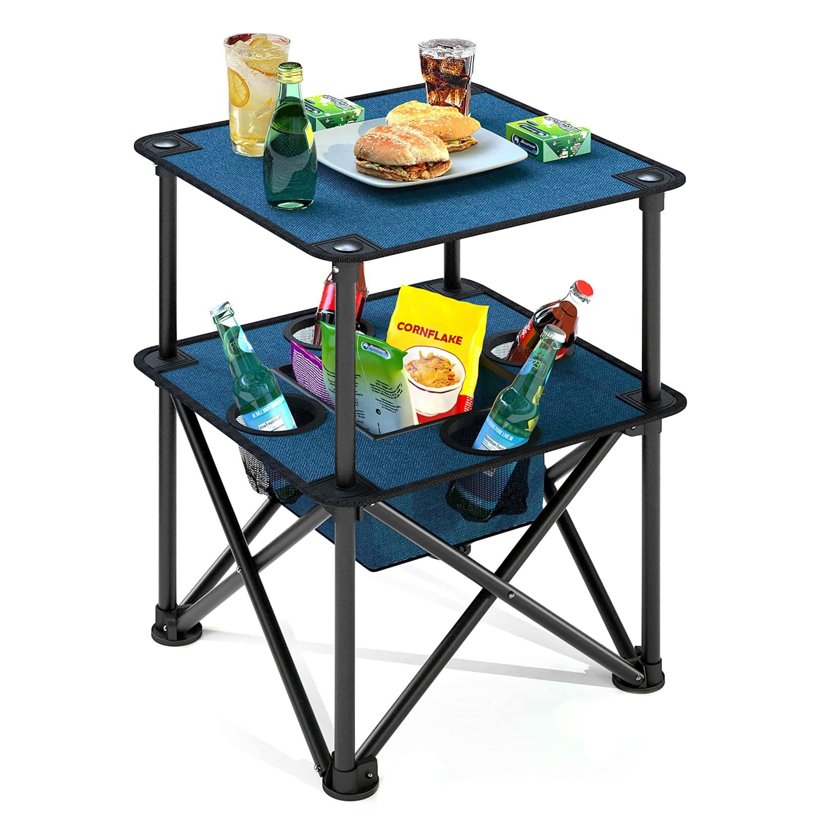 Folding Camping Table, Portable Outdoor Picnic Table, Lightweight Square Camp Table with Built-in 4 Cup Holders Food Basket and Travel Bag for Barbeque Beach Camping and Tailgate Blue