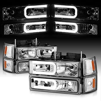 AmeriLite For 1988-1998 Chevy Fullsize Pickup Truck LED Tube Clear Replacement Headlights Halogen Bulb Parking Corner Light Sets - Passenger and Driver Side