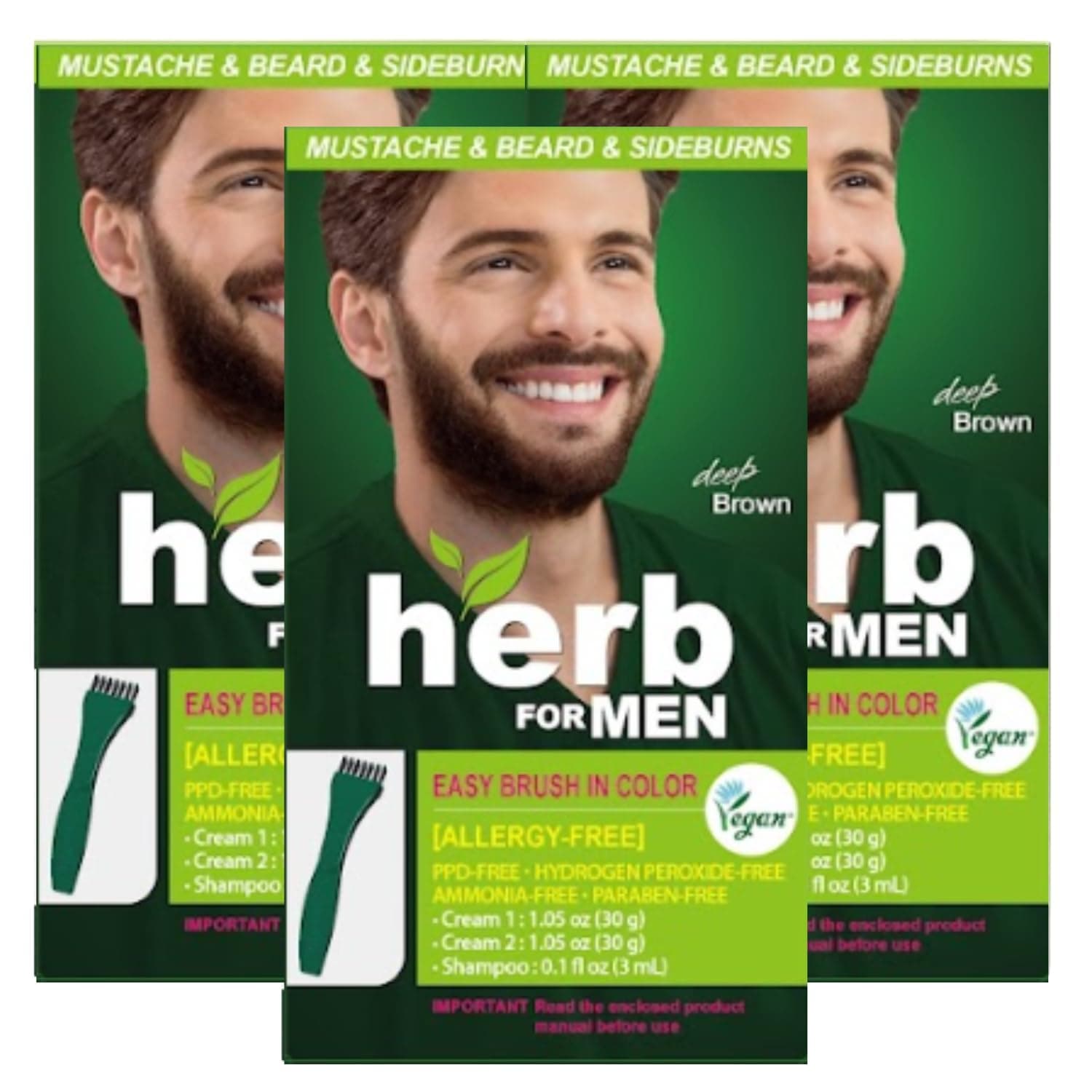 Herb For Men Mustache & Beard Dye (Deep Brown, 3 Pack), PPD-Free Ammonia-Free, Vegan with Natural Ingredients, Gentle for Sensitive Skin, No Skin Irritation