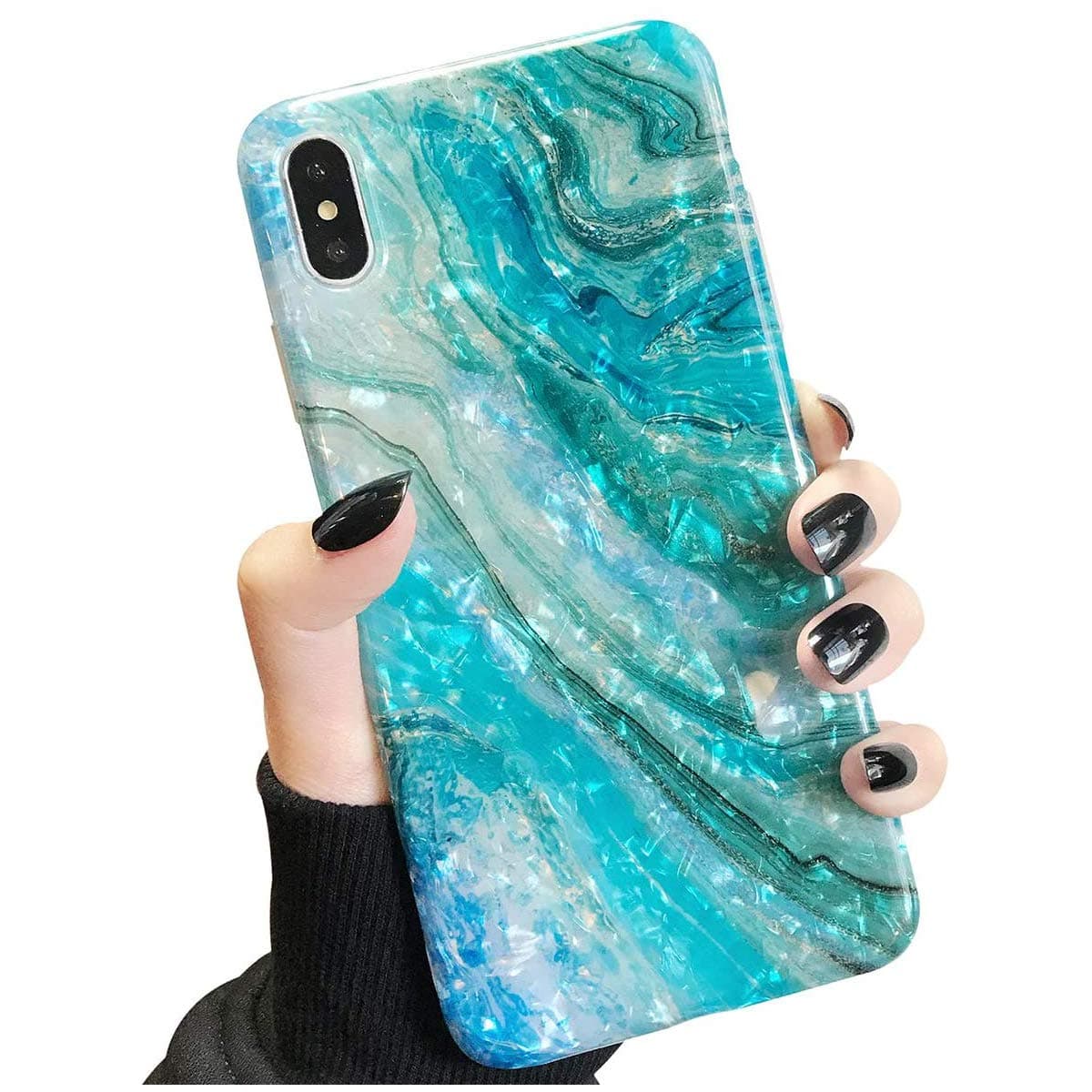 Compatible with iPhone Xs Max Case Marble iPhone Xs Plus Case Girls Women Cute [Tinfoil] Pearly Glitter Phone Case Protective TPU Silicone Case for iPhone 10/Xs Max 6.5 inch (Pearlecent Aqua)