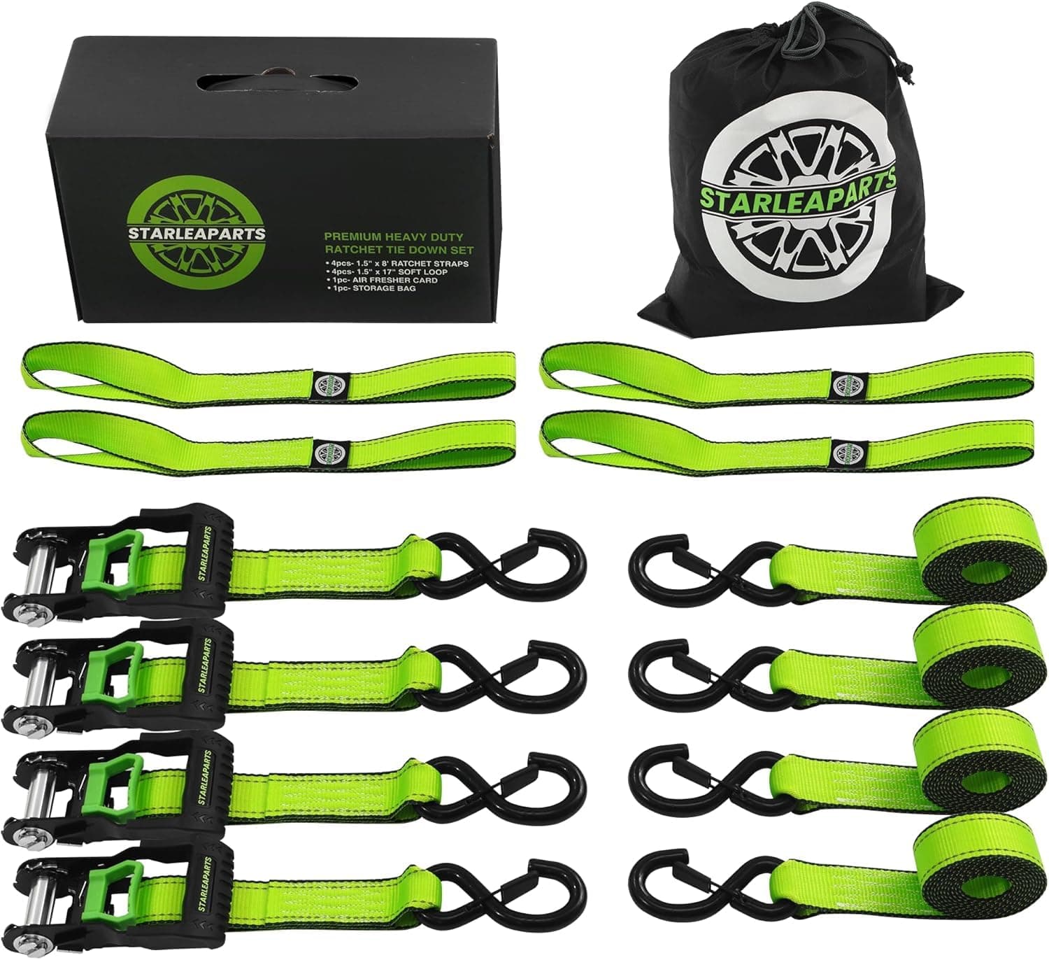 Motorcycle Tie Down Strap (4PK 1.5INX8FT) - 5,250lb Break Strength, Premium Ratchet Tie Down Straps Set, Soft Loop Ratchet Straps for Moving Appliances, Lawn Equipment, Cargo Straps for Trucks