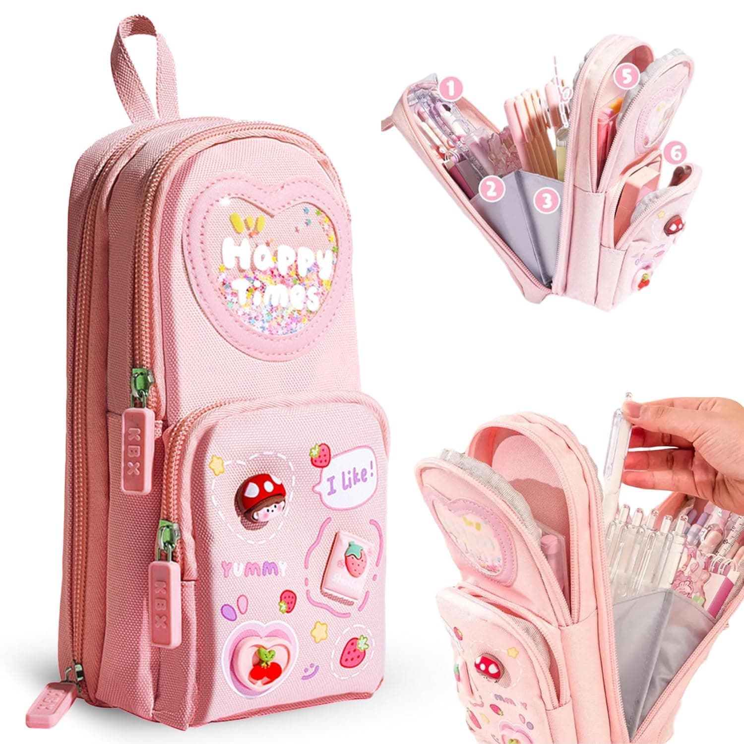 Brand Conquer Canvas School Bag Pencil Case 3 Layer 6 Compartment Large Capacity, Aesthetic Pencil Pouch for Stationary, Cute Stationery for Kids, Pencil Case for Girls & Boys Gift for Children (Pink)