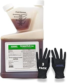 GrassOut Max Weed Killer, Targets 50+ Grassy Weeds Without Harming Desired Plants, Pet Safe, Large Area Treatment, Easy Application, Includes 3-Pack of Agrisel Protective Gloves, 32 Ounces