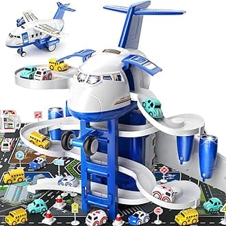 TEMI Kids Aeroplane Toys Race Track Car Toys for 3 4 5 6 7 Boys - Transformed Plane Garage Adventure Toy with 8 City Cars for Toddler Age 3-6, Parking Lot Playmat, Kids Gift