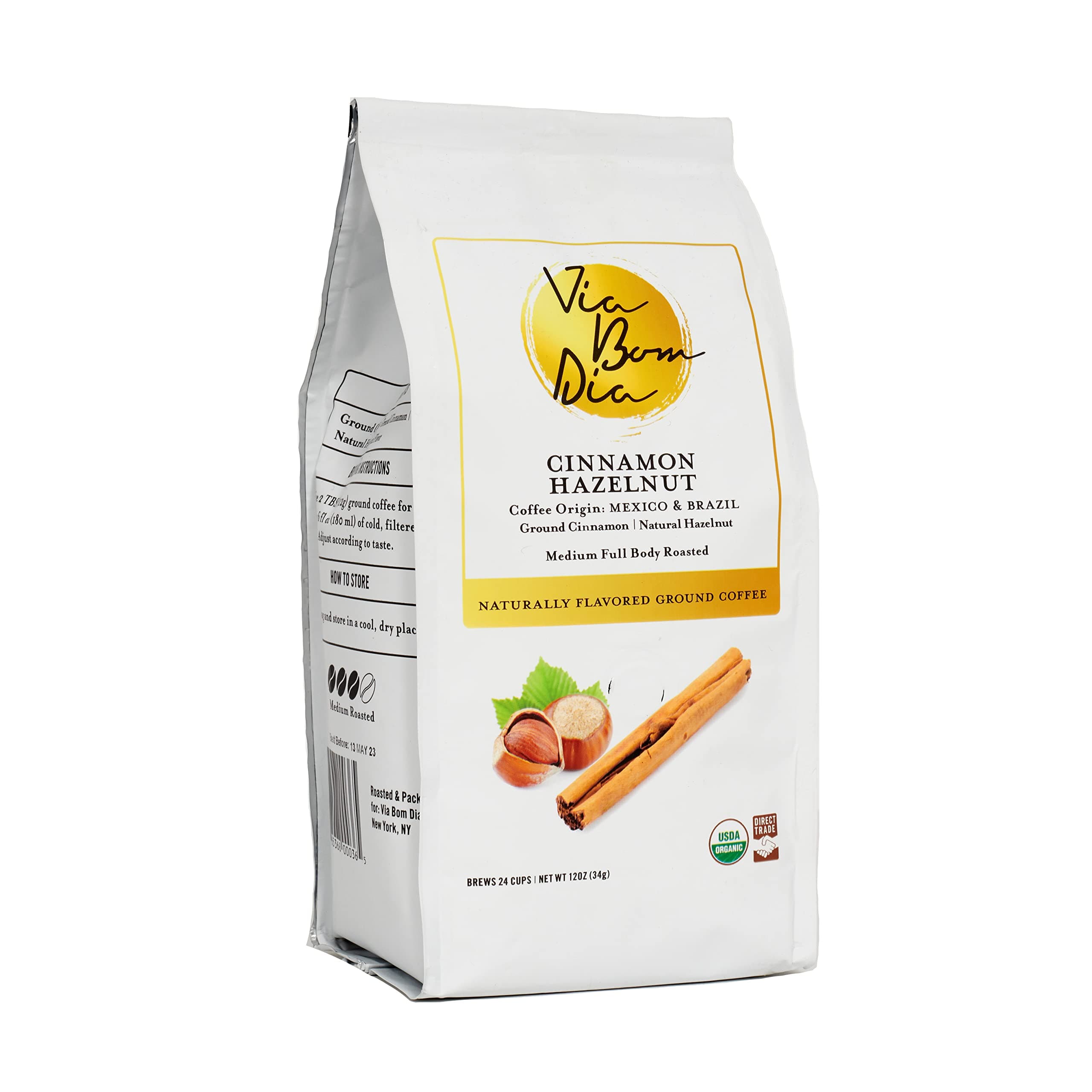 Via Bom Dia100% Naturally Flavored Ground Coffee, Cinnamon Hazelnut, Medium Roast, No Artificial Flavors, 12 oz. Bag Great Stocking Stuffer for Coffee LoverUSDA Organic