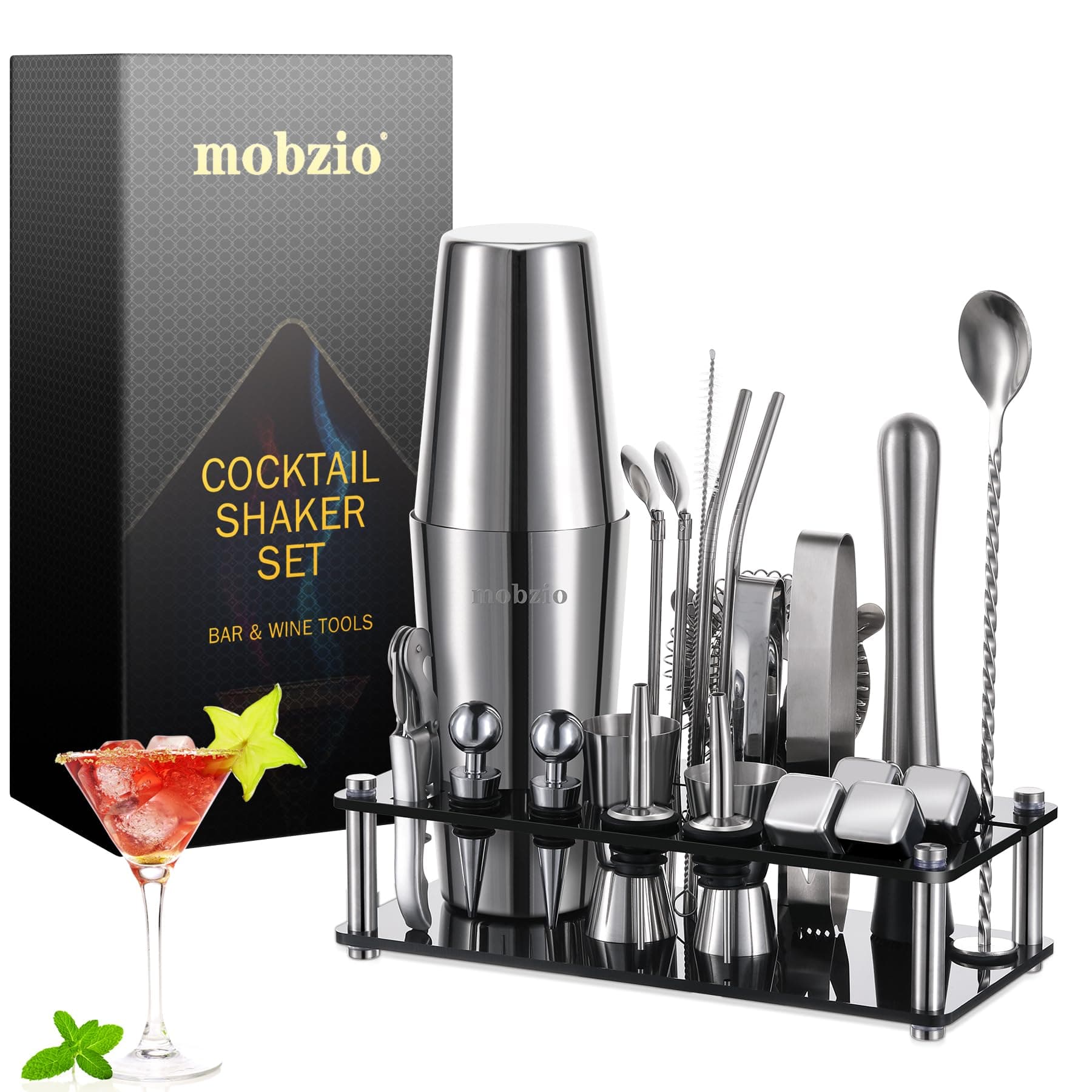 Cocktail Shaker Set Bartender Kit, 23 PCS Boston Shaker Tool Set with Stand, Drink Mixer Martini Shaker Bartending Kit, Bar Tools Bartender Tool Kit, mobzio Bar Accessories for the Home Bar Set