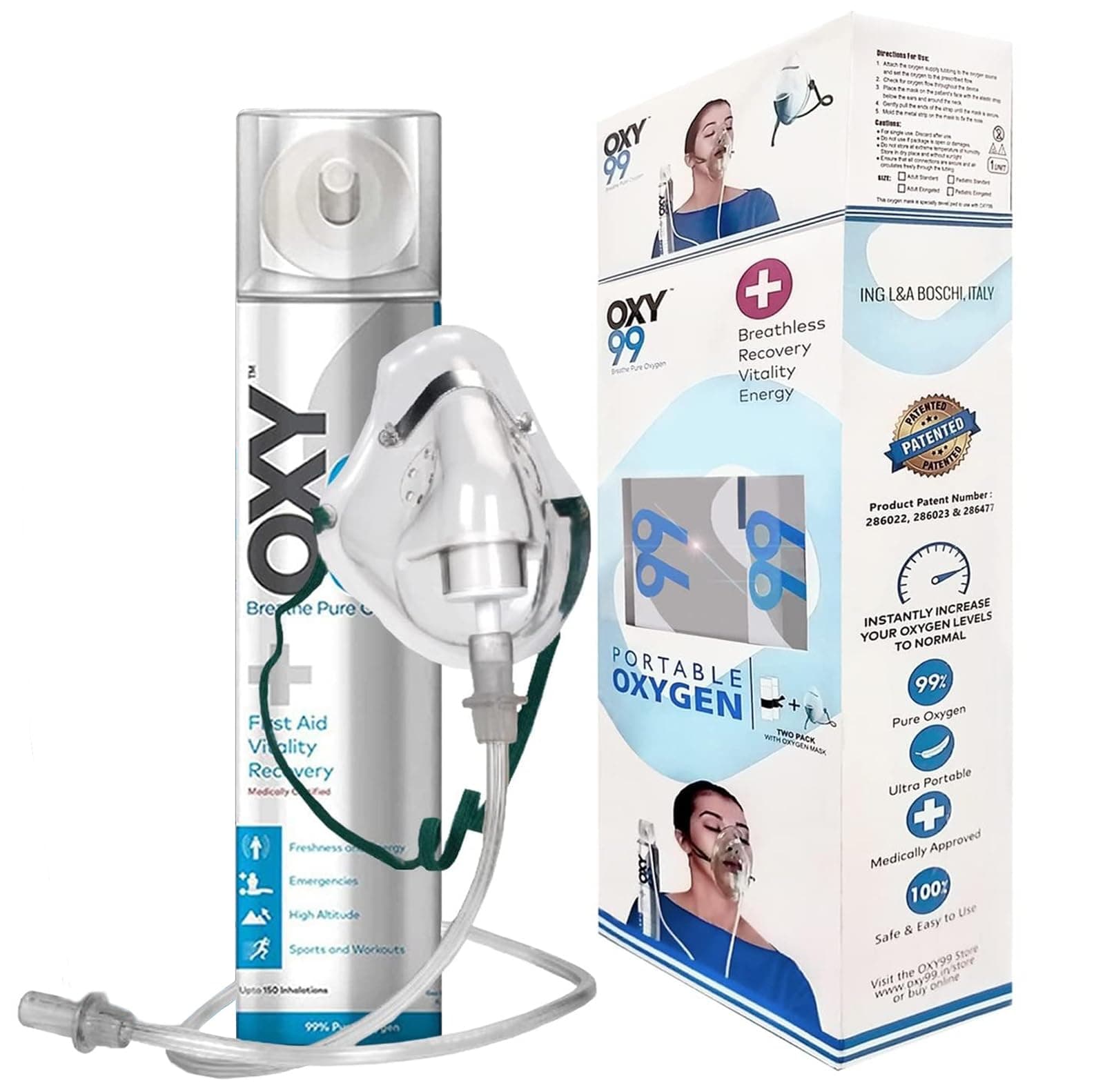 OXY99 Portable 1 Natural Oxygen Can with Mask, Tube & Elastic Strap - Oxygen Can For Hiking, Pure Oxygen Can for Travelling & High Altitude, Ideal for Home Use & Outdoor Activities - ING. BOSCHI ITALY