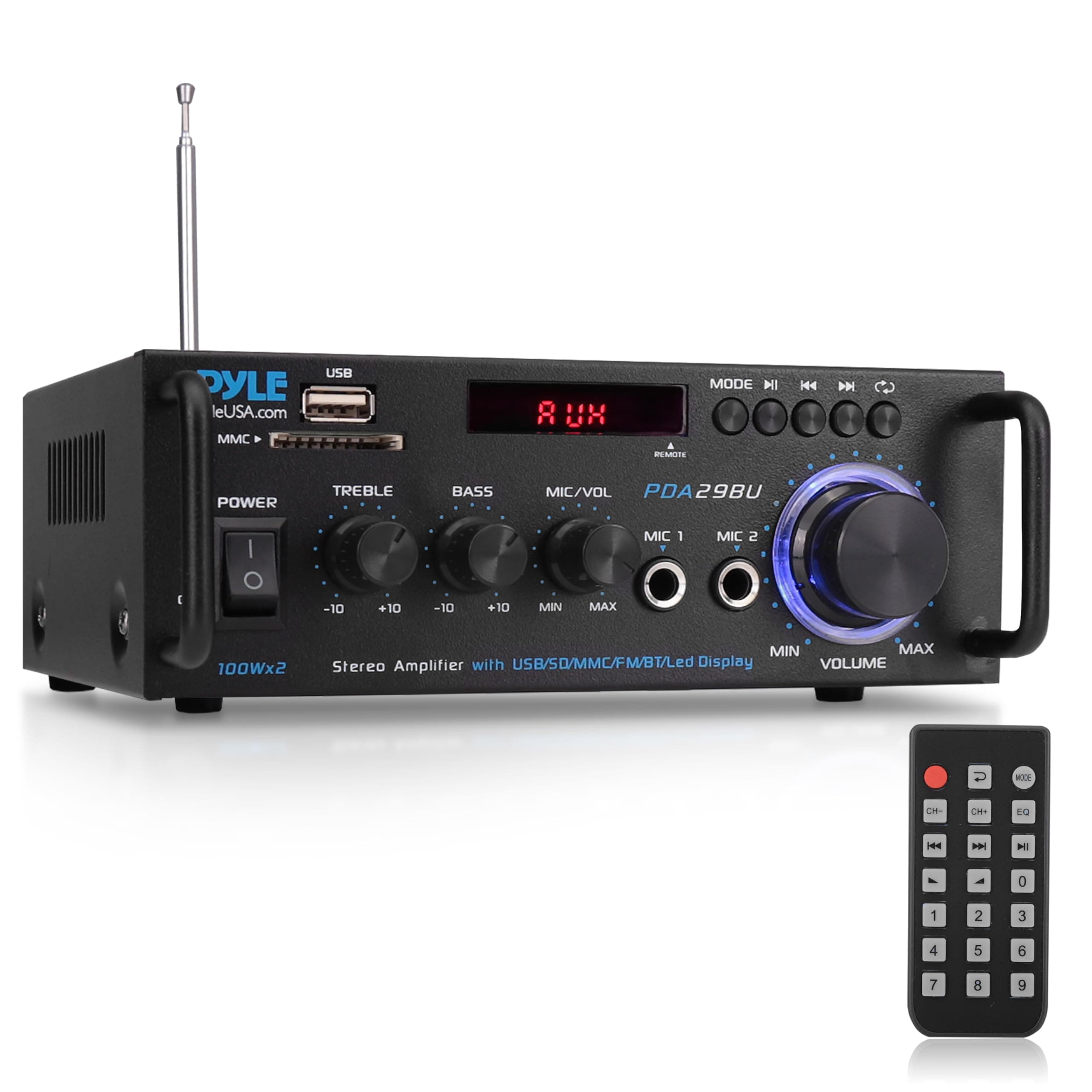 Pyle 200W Wireless Bluetooth Stereo Power Amplifier - 2-Channel Audio Receiver with RCA - USB - SD - MIC IN - FM Radio - Remote Control - AUX Input for Home Theater & Studio Use - PDA29BU.6