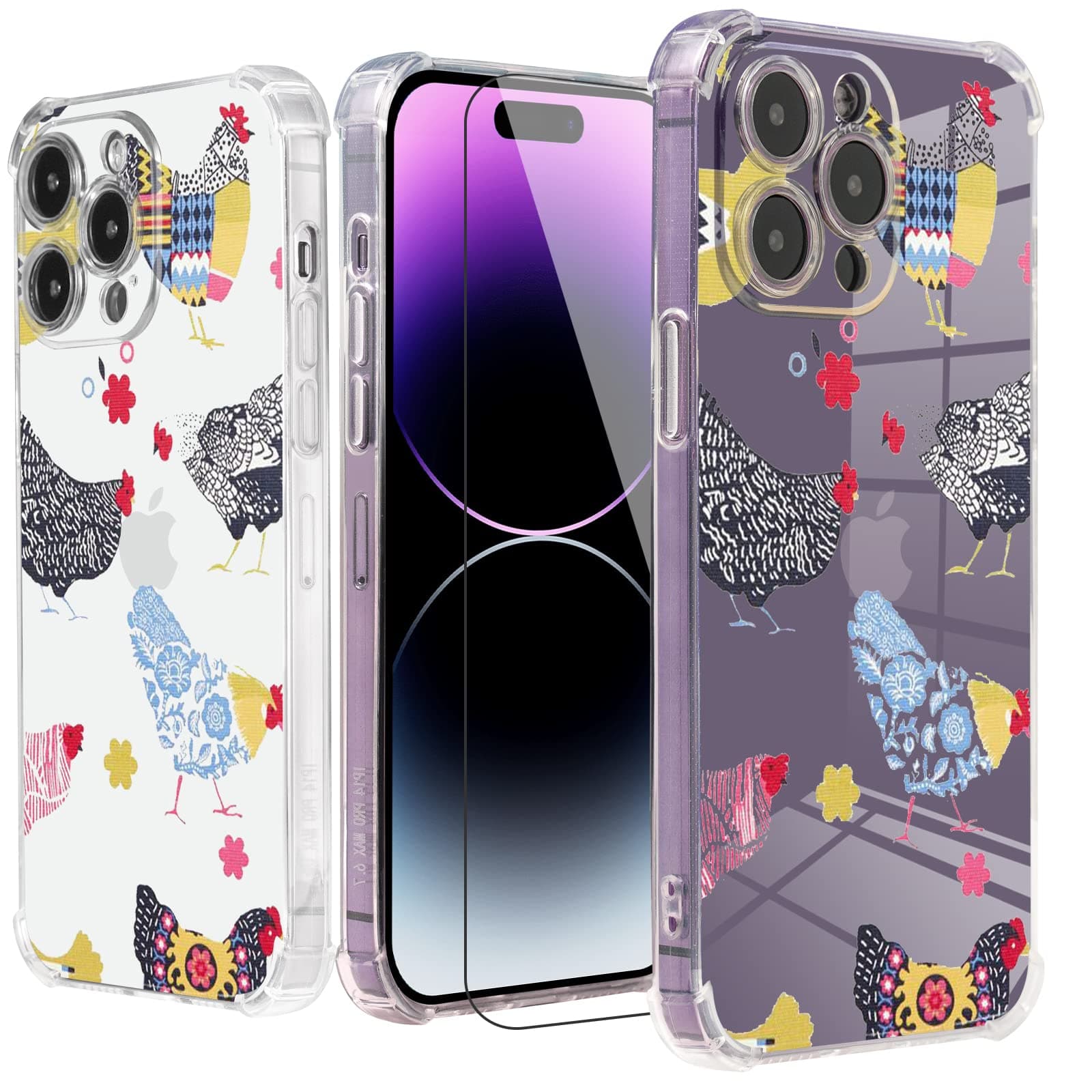 Roemary Rainbow Case for iPhone 15 Pro with Chickens Design,Tribal Pattern with Screen Protector [Buffertech 6.6 ft Drop Impact] Soft TPU Protective Case for iPhone 15 Pro 6.1"