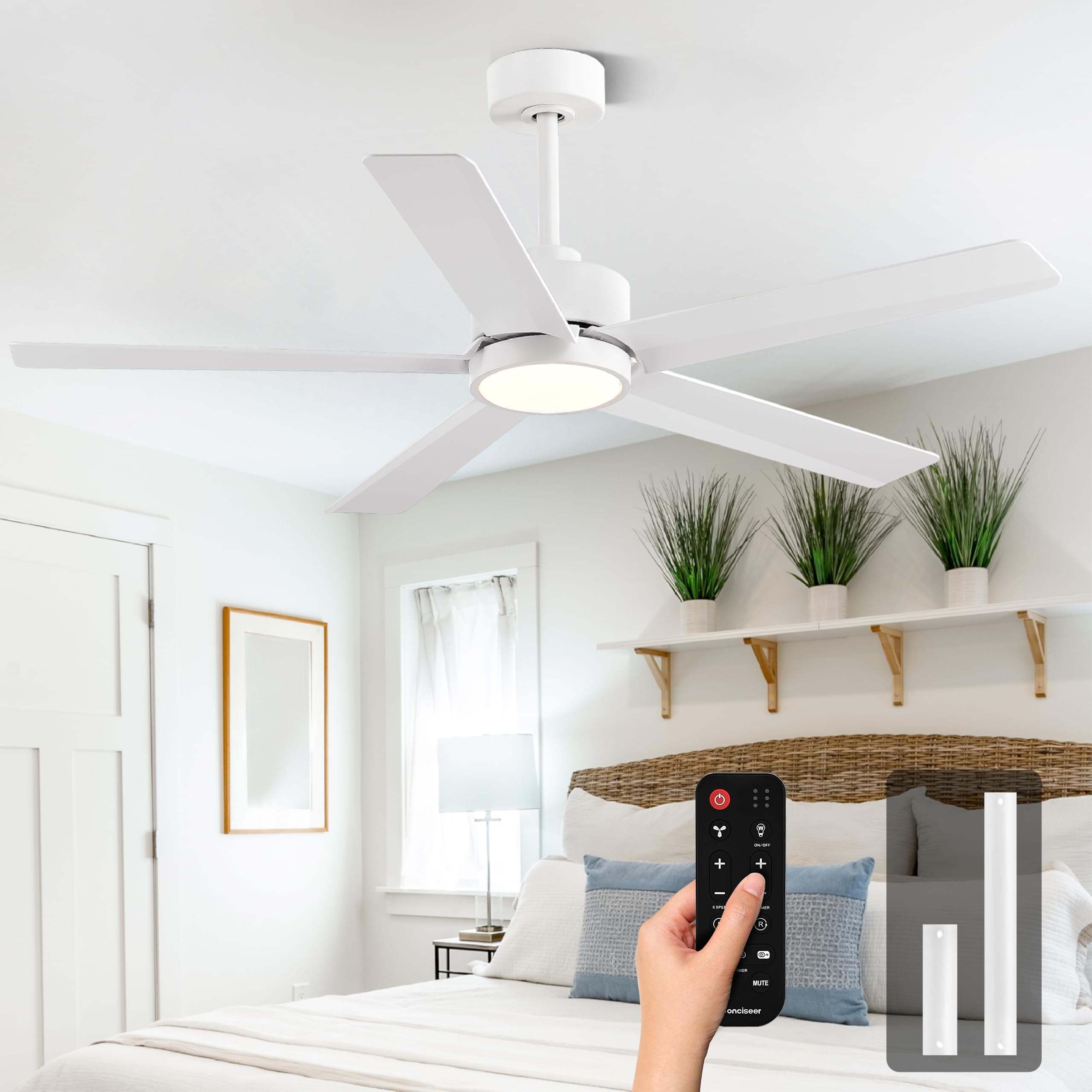 Modern Ceiling Fans with Lights,52 Inch Ceiling Fans with Remote for Bedroom Living Room Kitchen, 18W 3CCT Dimmable,5 Blades 6 Speed Reversible Quiet DC Motor White