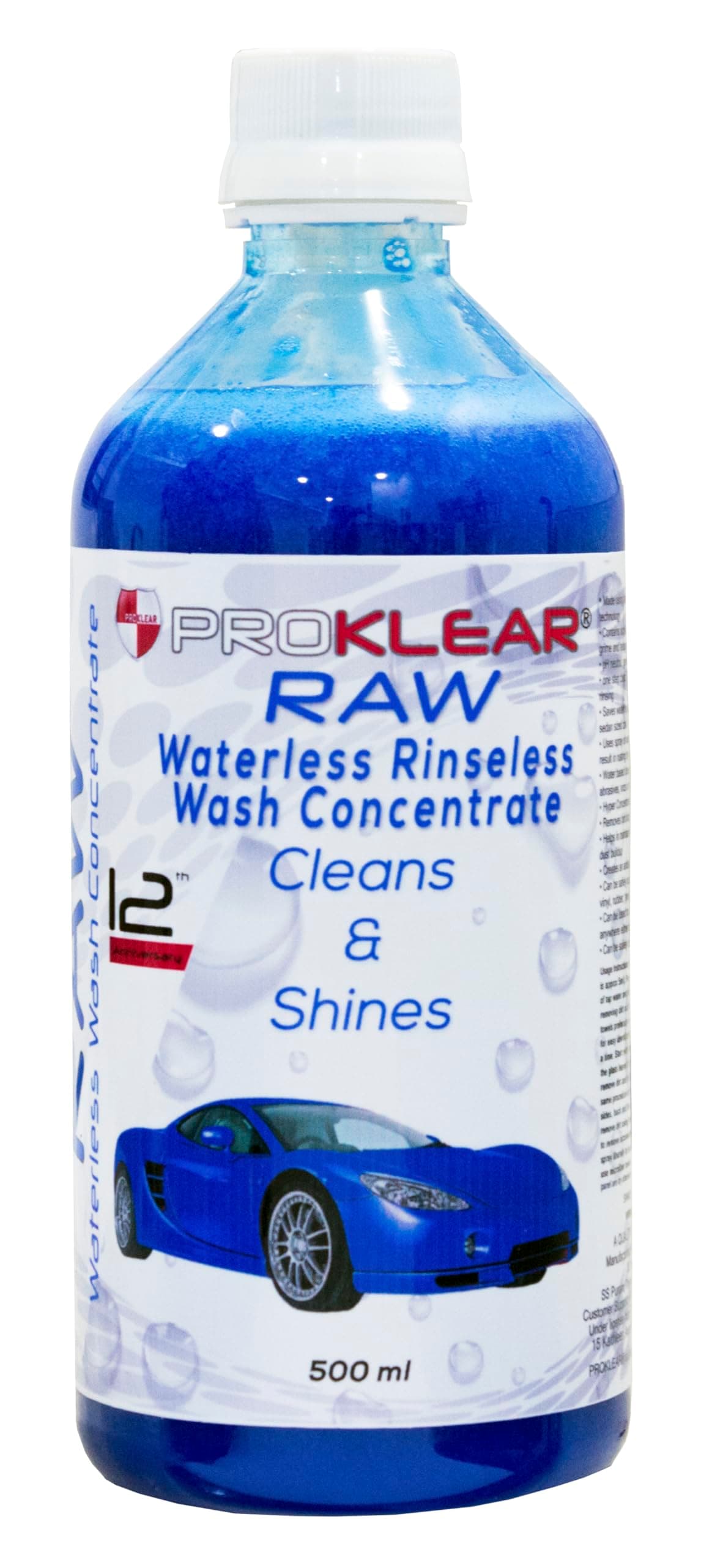 PROKLEAR RAW Rinseless / Waterless Auto Wash Concentrate - 500ml Car Dry Wash Concentrate Makes 50 liters