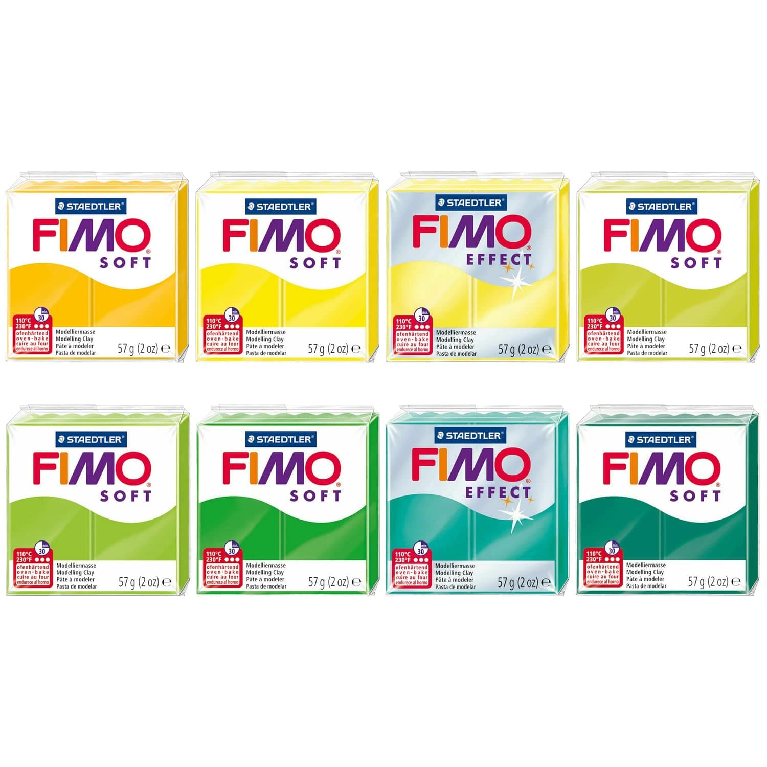FIMO Soft & Effect Polymer Oven Modelling Clay - 57g - Set of 8 - Yellow Green Tones