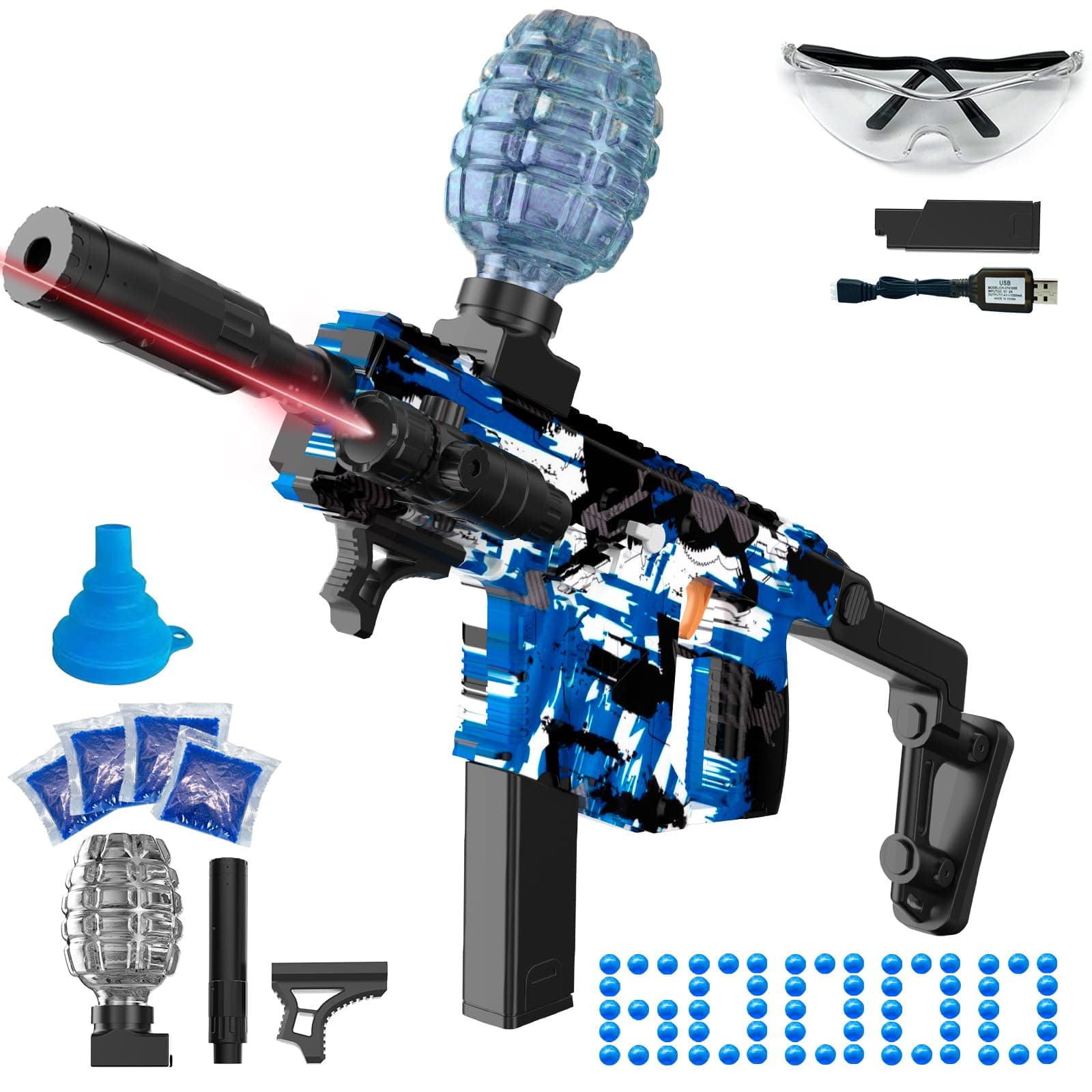 - Electric Gel Ball Blaster, High Speed Automatic Splatter Ball Blaster with 60000+ and Goggles, Rechargeable Splatter Ball Toys for Outdoor Activities Shooting Game Party Favors-Blue