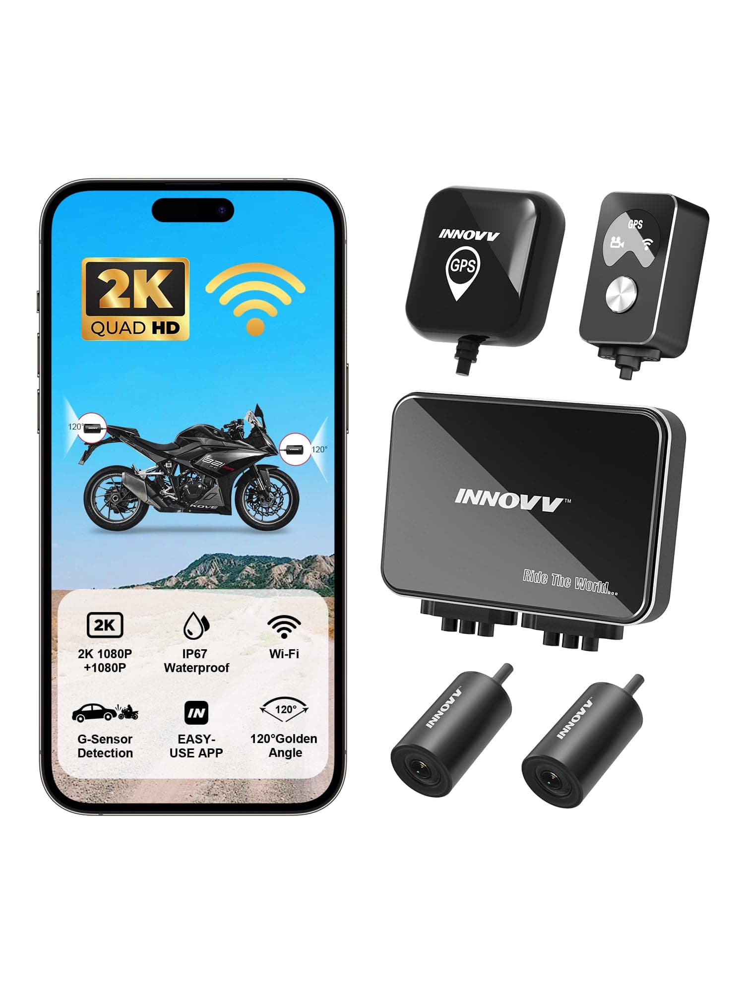 K7 Motorcycle Dash Cam Front and Rear with EIS 2K + 2K @ 30FPS or 1080P + 1080P @ 60 FPS, Motorcycle Camera, GPS, WiFi, 24h Parking Mode, Accident Detection, Waterproof Motorcycle Camera