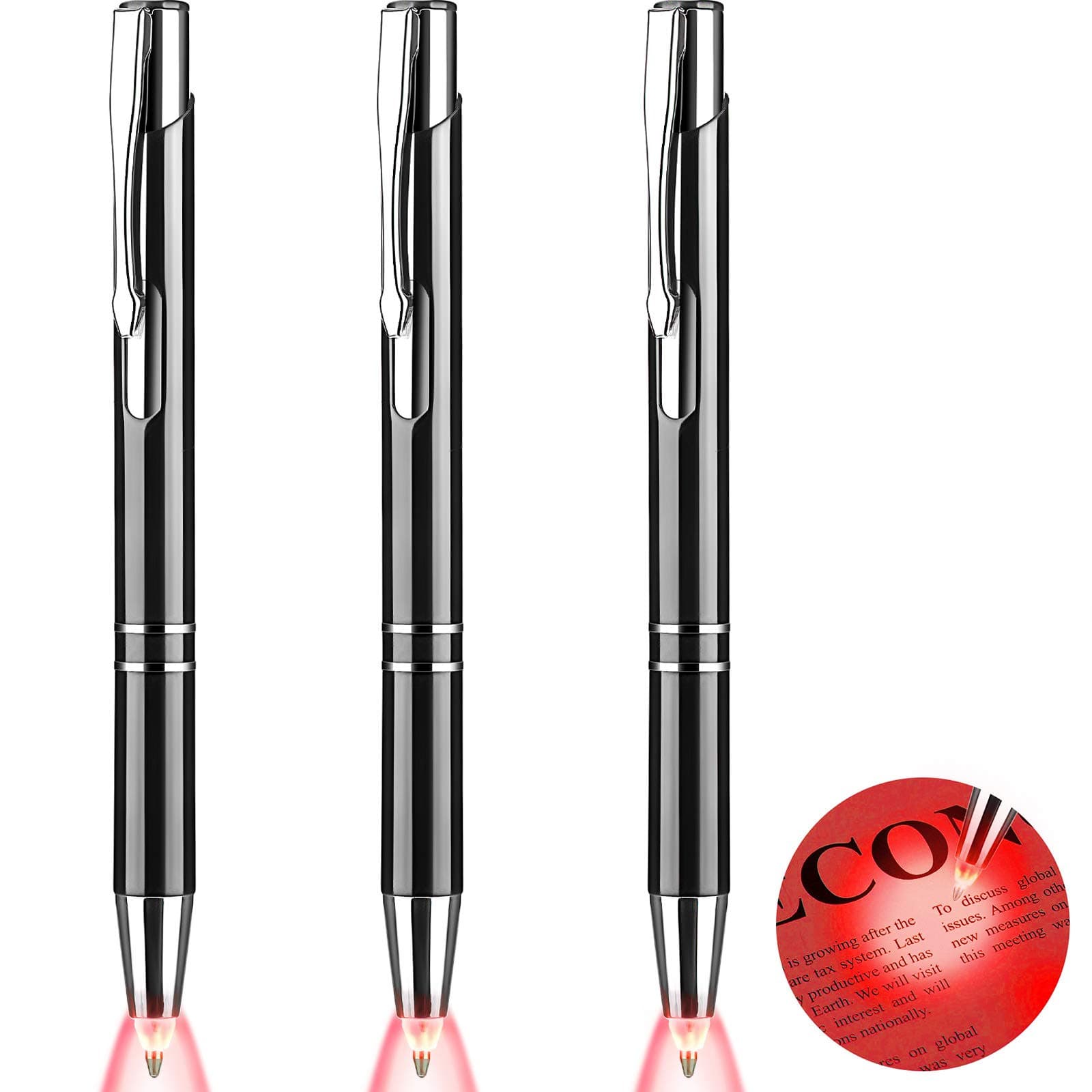 Lighted Tip Pen Flashlight Writing Ballpoint Pens LED Penlight Light Up with Bright White Light for Writing in the Dark, 3 Pieces(Red Light, Black Shell)