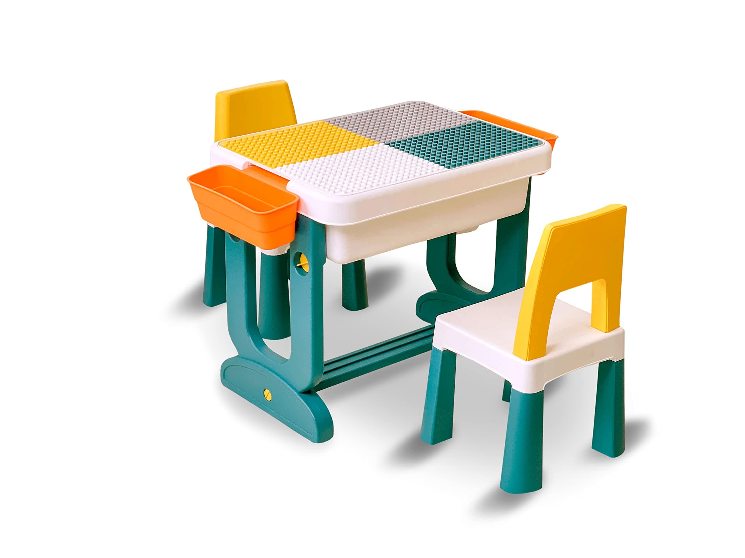 HOP - Home Elements 5-IN-1 Building Block, EASEL Table & 2 Chair Set for Kids- Multicolour Lego Compatible Sand Table & Chair with Underneath Storage