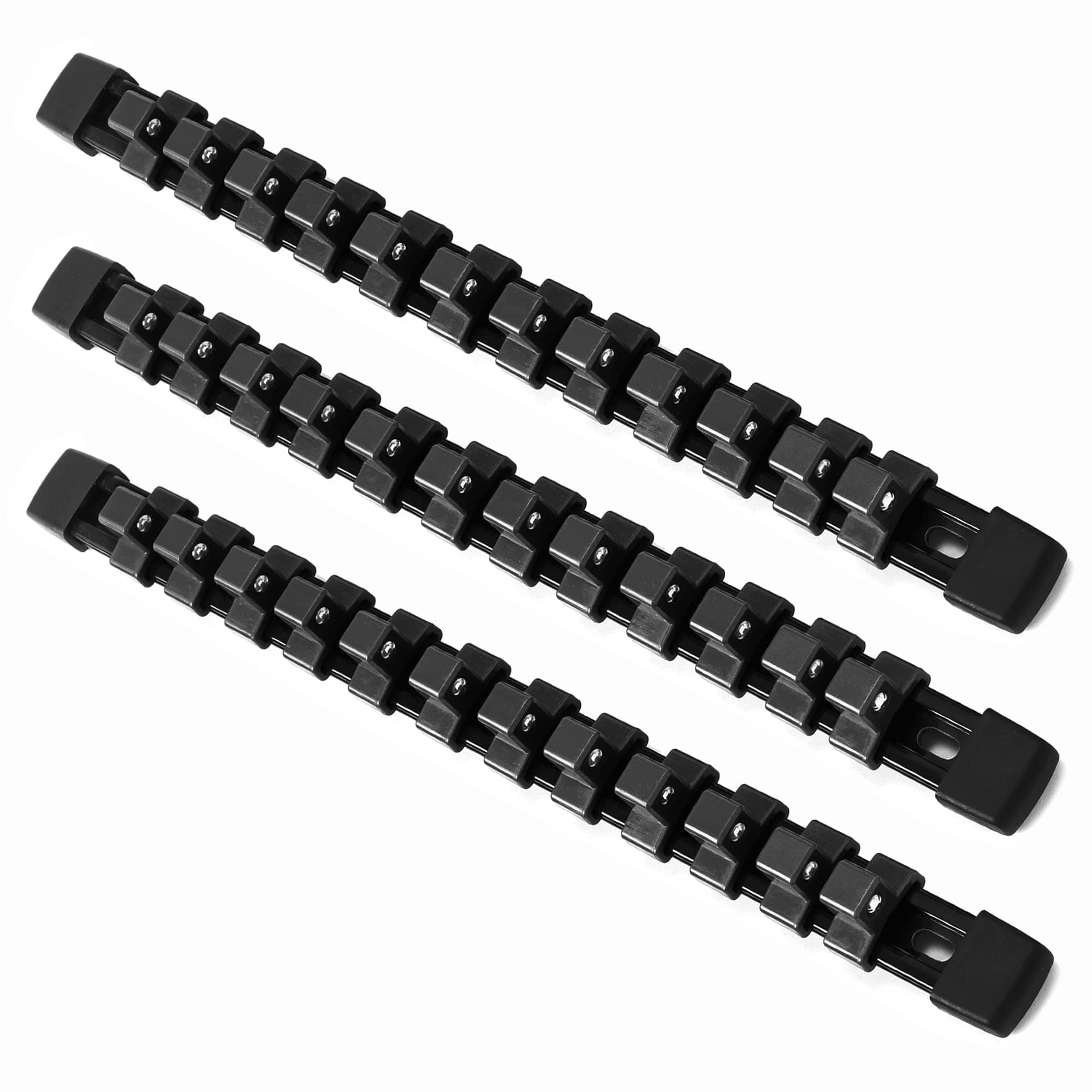 ALOANES 3PC ABS Socket Organizer, Socket Rails Fit 1/2 inch Drive, Heavy Duty Socket Holders Hold up to 36 Sockets, Black Rails with Black Clips