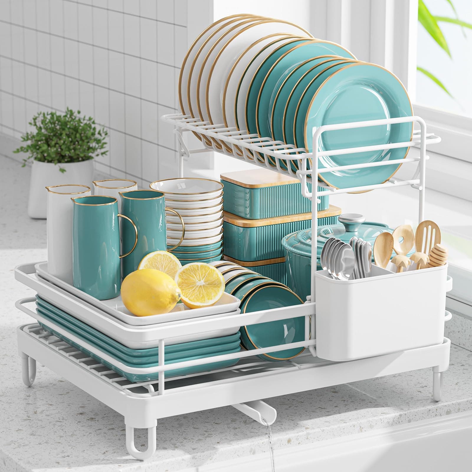Dish Drying Rack - X-Large Stainless Steel Dish Rack for Kitchen Counter, Kitchen Organizers and Storage for Dishes, Bowls, Cutlery, White