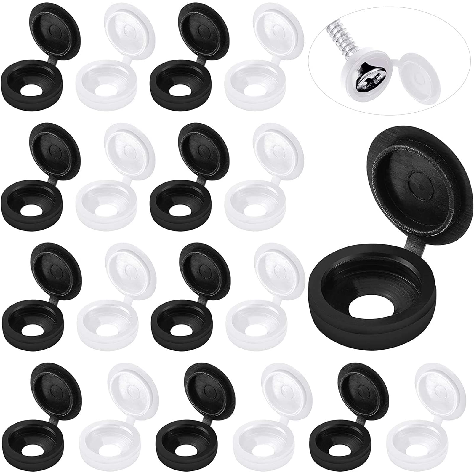 Hotop 100 Pieces Hinged Screw Cover Caps Plastic Shutter Fold Screw Snap Covers Washer Flip Tops(Large,White and Black)