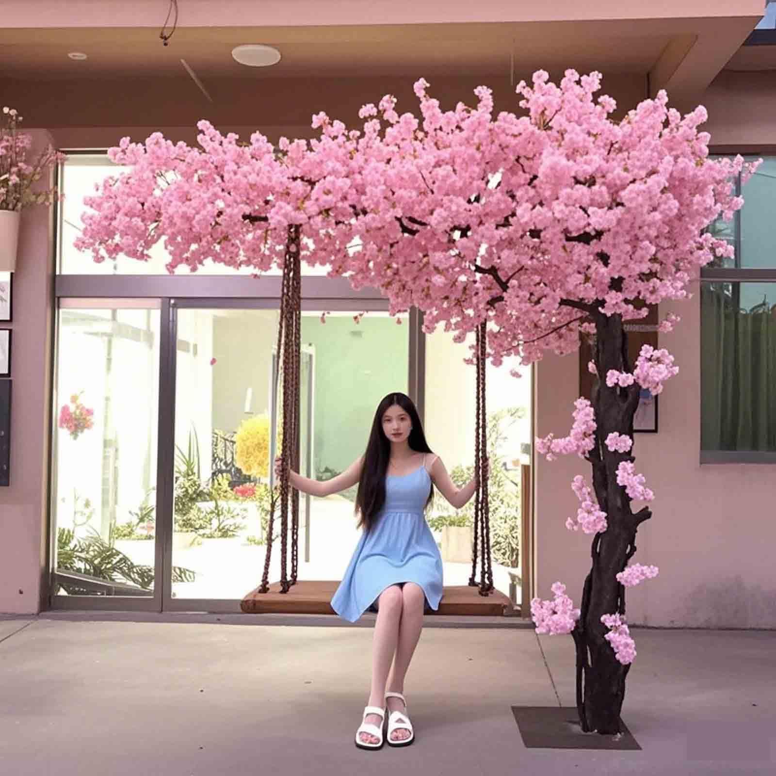 Generic Artificial Cherry Blossom Tree, 231x151cm/7.5x4.9ft, All Seasons, Cherry, Wood, Silk, Stand, No Built-in Light, Includes Iron Base