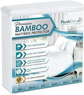 PlushDeluxe Premium Bamboo Mattress Protector – Waterproof, Hypoallergenic & Ultra Soft Breathable Bed Mattress Cover & Protection -Free PVC, Phthalate (UK King Size) White