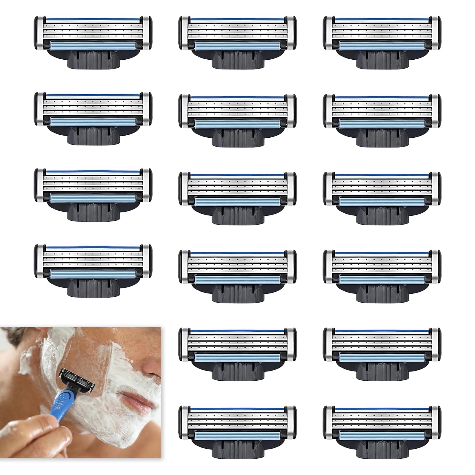 16 Pcs Razors for Men, Razor Blades Refills, 3-Layer Shaver Blades with Double Lubrication Strip, Premium Quality Replacement Blades for Smooth Shaving for Daily Use