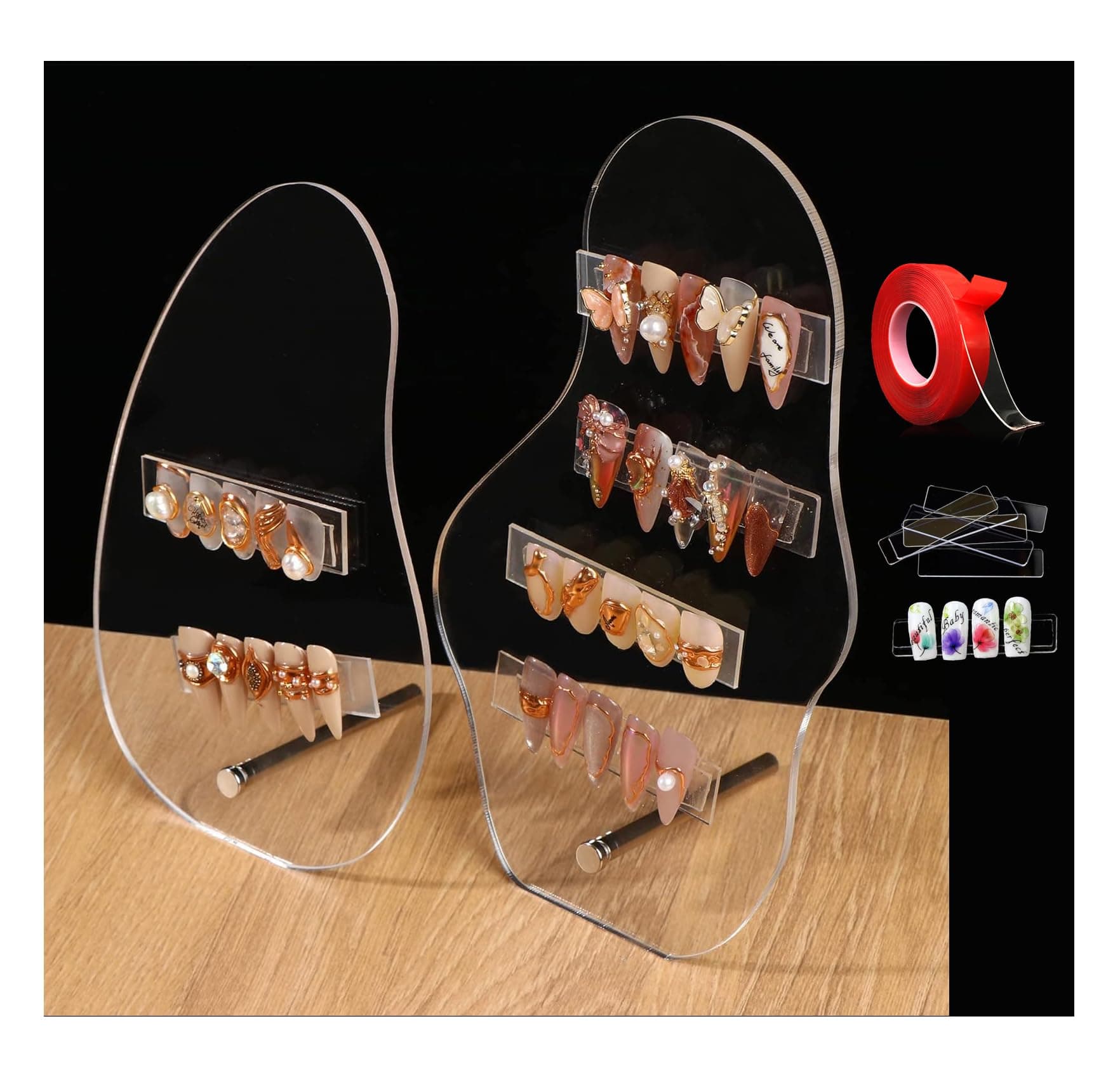 2pcs Irregular Nail Art Display Stand Set,Clear Nails Charms Display Tips Boards Nails Colors Sample Display Stand with 20pcs Nails Tips And Double Sided Tapes for Salon Nails Art Practice