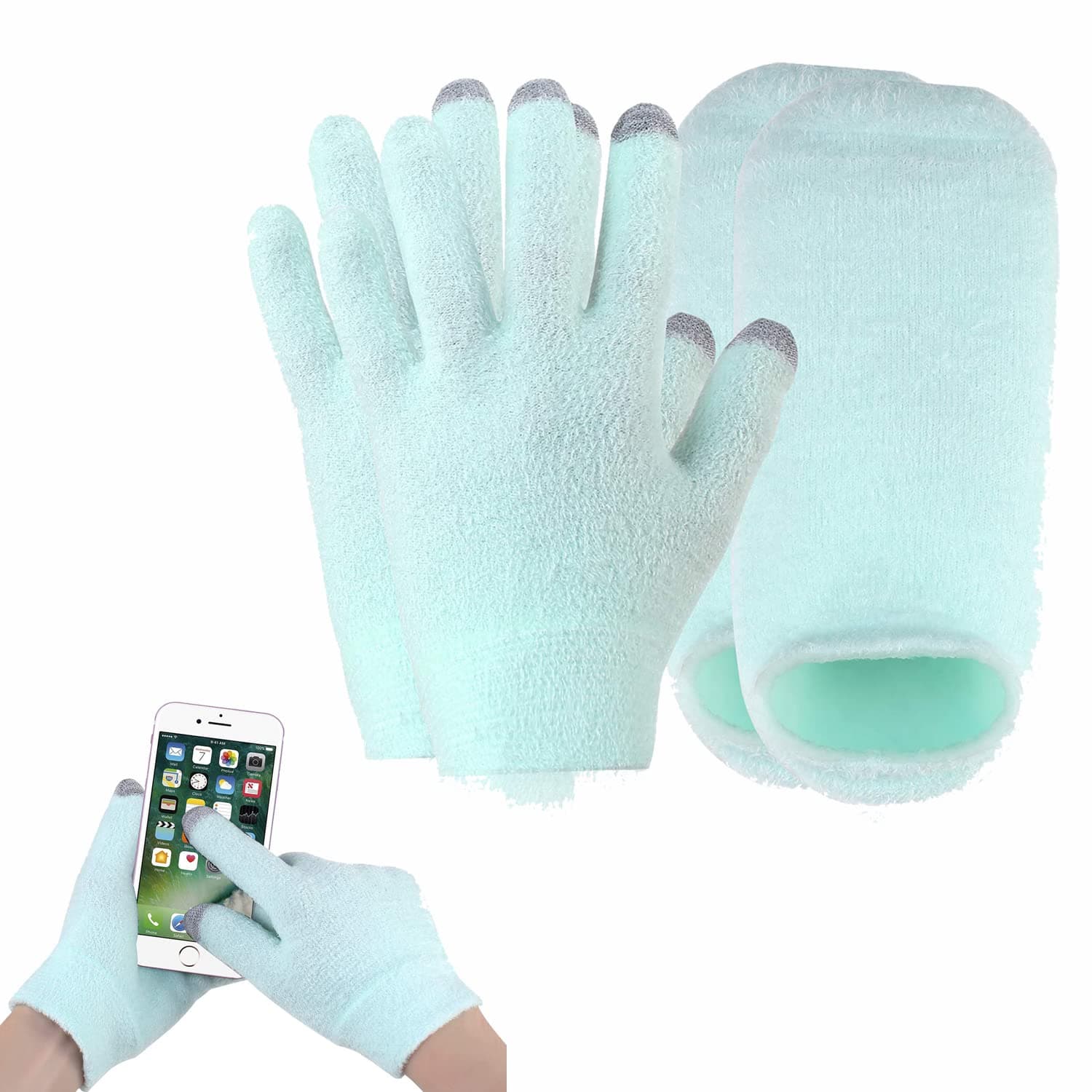 Moisturizing Spa Gloves and Socks with Touchscreen, Moisturizing Gel Socks and Gloves Set for Dry Cracked Hands Feet Spa, Heal Cracked Dry Skin and Heel, Cuticles for Repair Treatment, Green