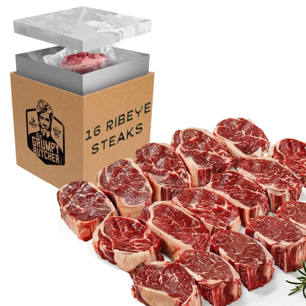 Grumpy Butcher Beef Ribeye Steaks, 16 pack (12 oz each) - Prime Steakhouse Quality Rib Eye Steak Meat - For Delivery in Bulk Meat Package
