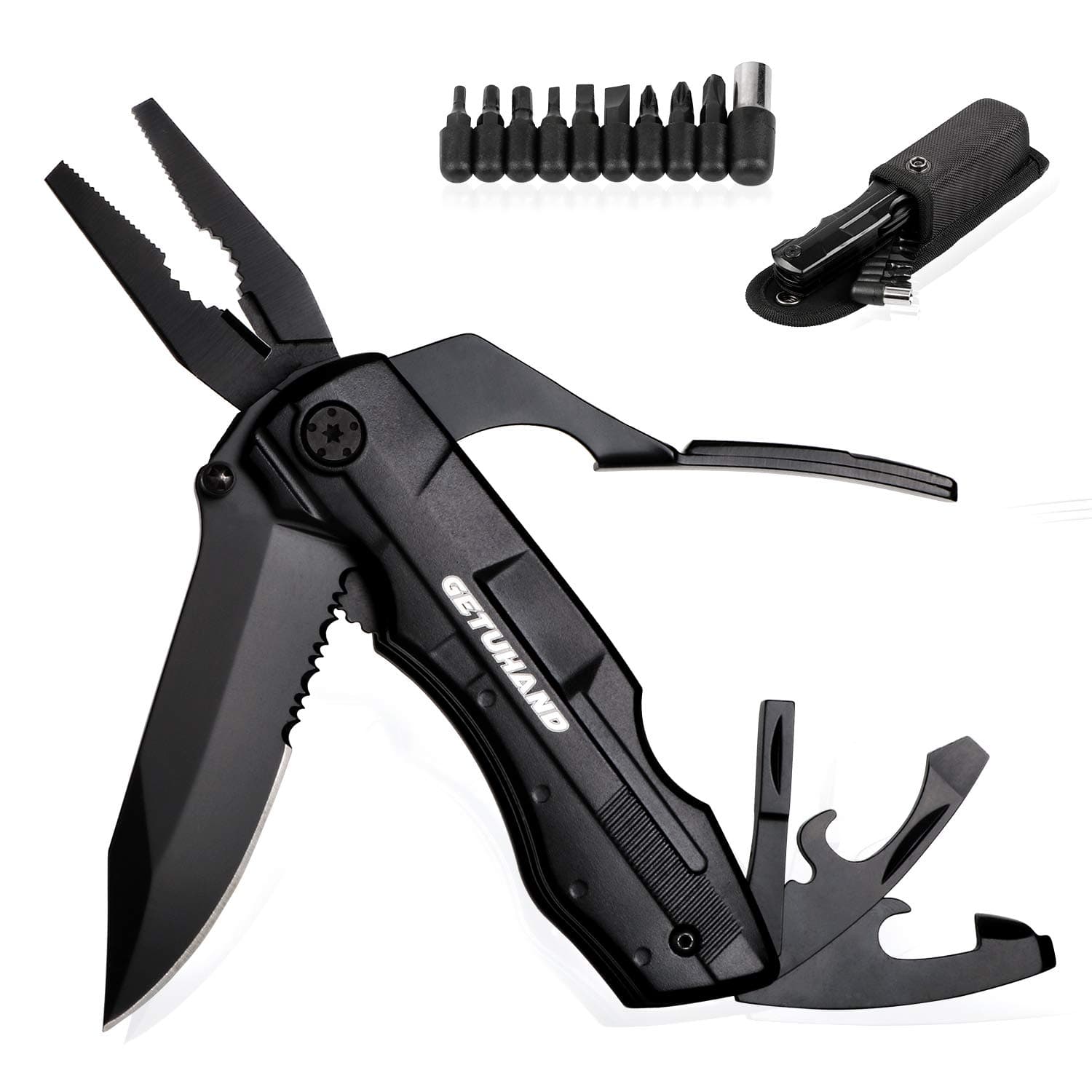 Multitool Pocket Knife 8-in-1 Multipurpose Tool with Folding Knife Pliers,Sheath and Bit Set Kit in Durable Black Oxide Stainless Steel for Hiker, Hunter, Solid Reliable Multipurpose Knife