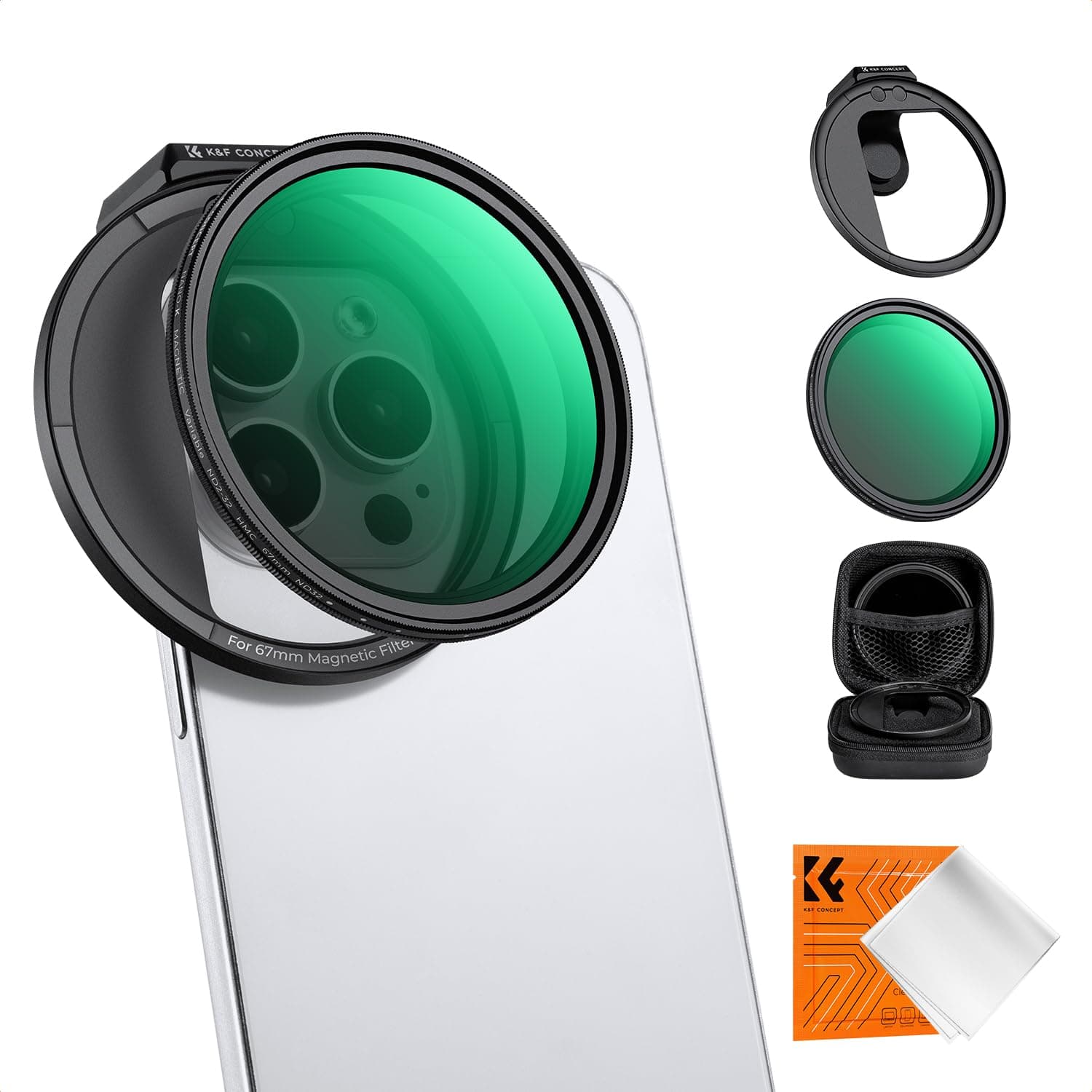 K&F Concept 67mm Clip-on ND2-32 Variable Magnetic Filter for Phone, Neutral Density Filter for Mobile Phone Lens with Clip Compatible with iPhone 15 Pro Max 14 13 12 12 11
