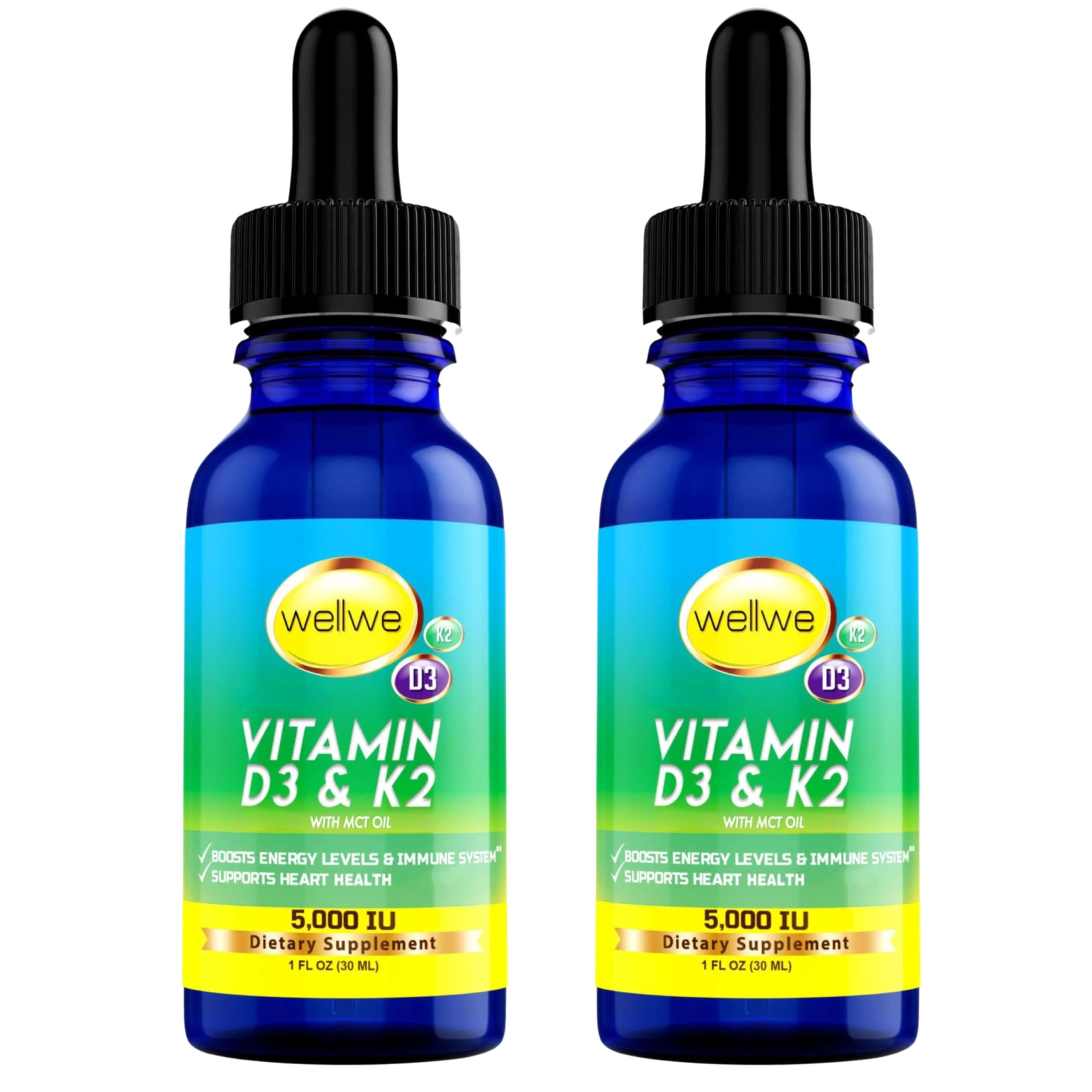 2 Bottles Liquid Vitamin D3 K2 Drops 5000 IU with MCT Oil - Liquid Vitamin D Supplement to Boost Energy Levels, Mood and Immune System, Unflavored, No Odor, Gluten-Free, Non-GMO, 2 Fl Oz