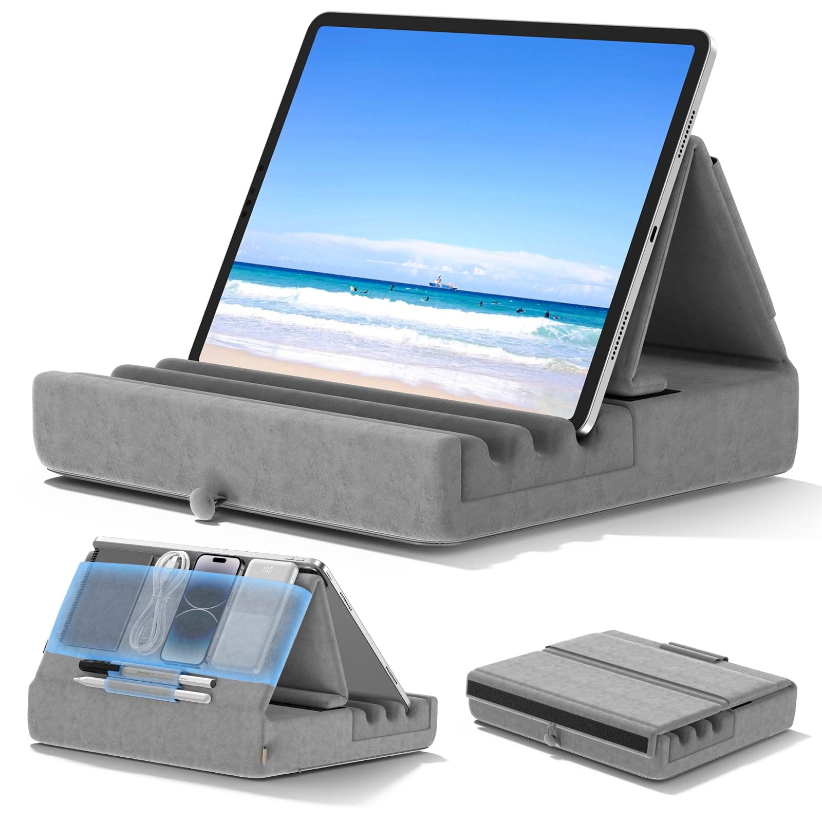 Tablet Pillow Holder, Foldable iPad Stand for Lap, Bed and Desk -Tablet Soft Pad Dock with Pocket & Stylus Mount Compatible with iPad Pro 12.9, 10.5, 9.7 Air Mini 6 5 4 3, Galaxy Tab, E-Reader