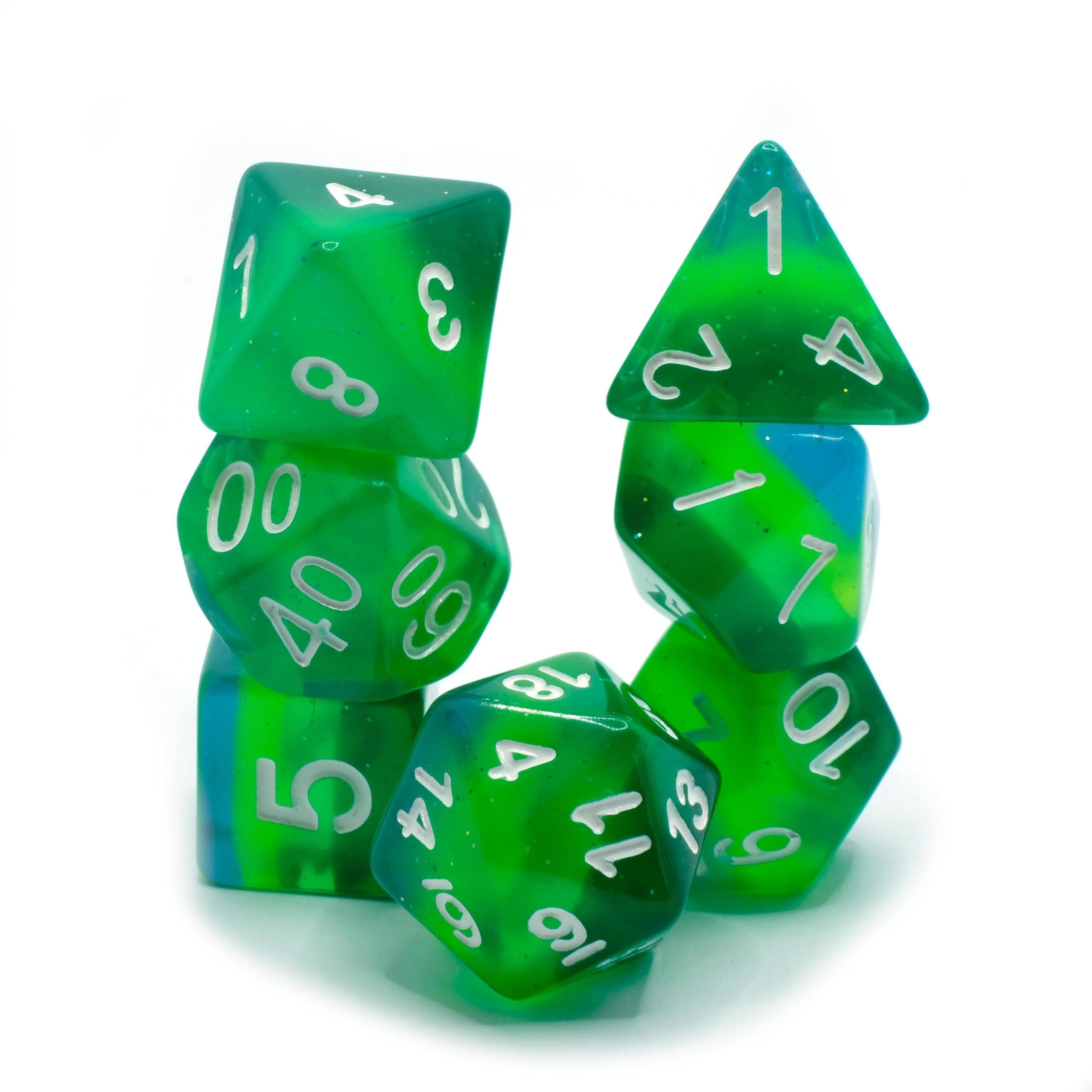 Evergreen Forest - Polyset Dice | Polydice | Green Blue Glitters Transparent and White | Dice Set of 7 Pieces| D&D and RPGs | Plastic Dice Set | Polyhedral Dice Set | DnD / D&D / Dungeons and Dragons